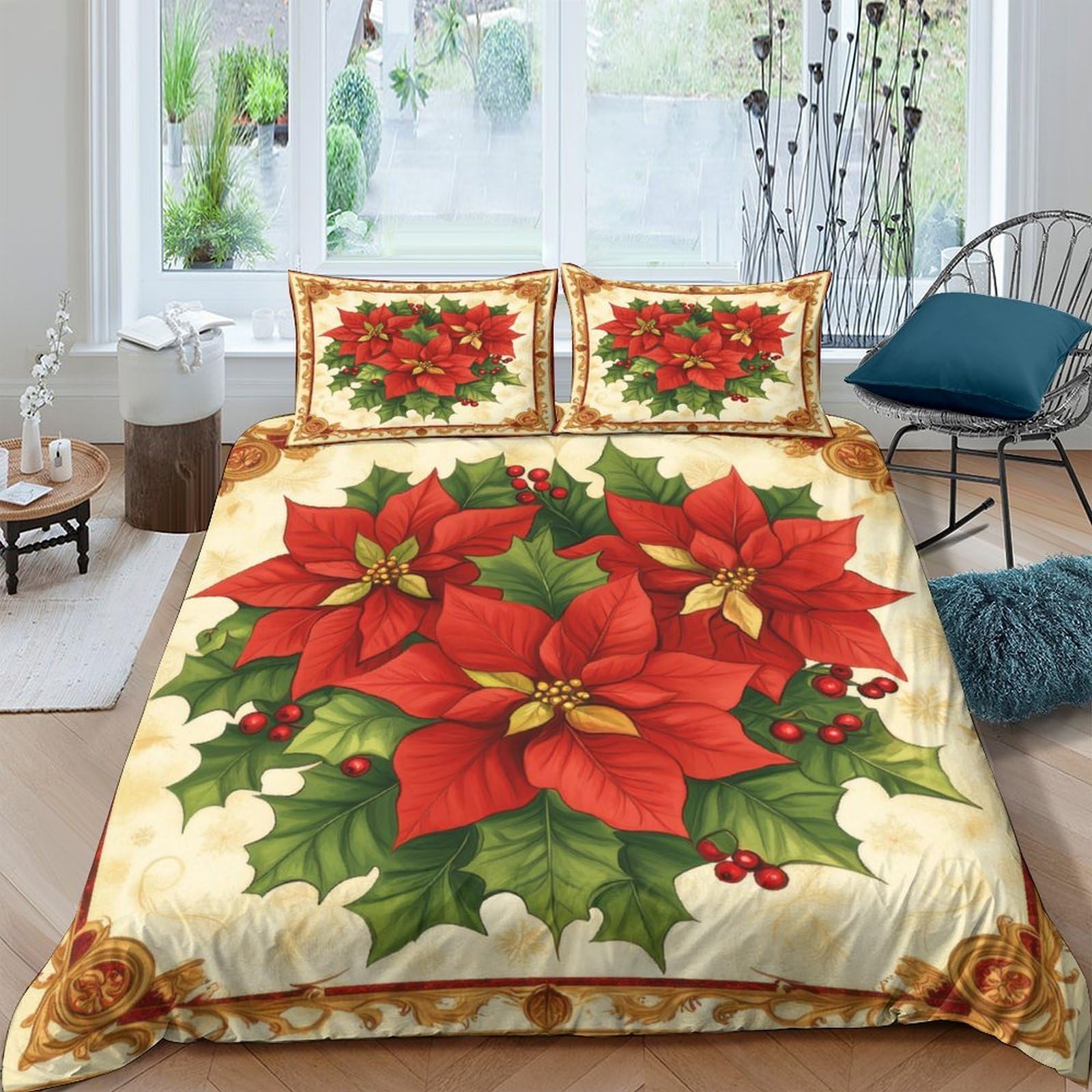 Ctjqhvkz Style-2 3D Printed Red Poinsettia Fitted Sheet Microfiber Soft Christmas Holly Bed Cover For Bedroom Guest Room Decoration Single（135X200cm）