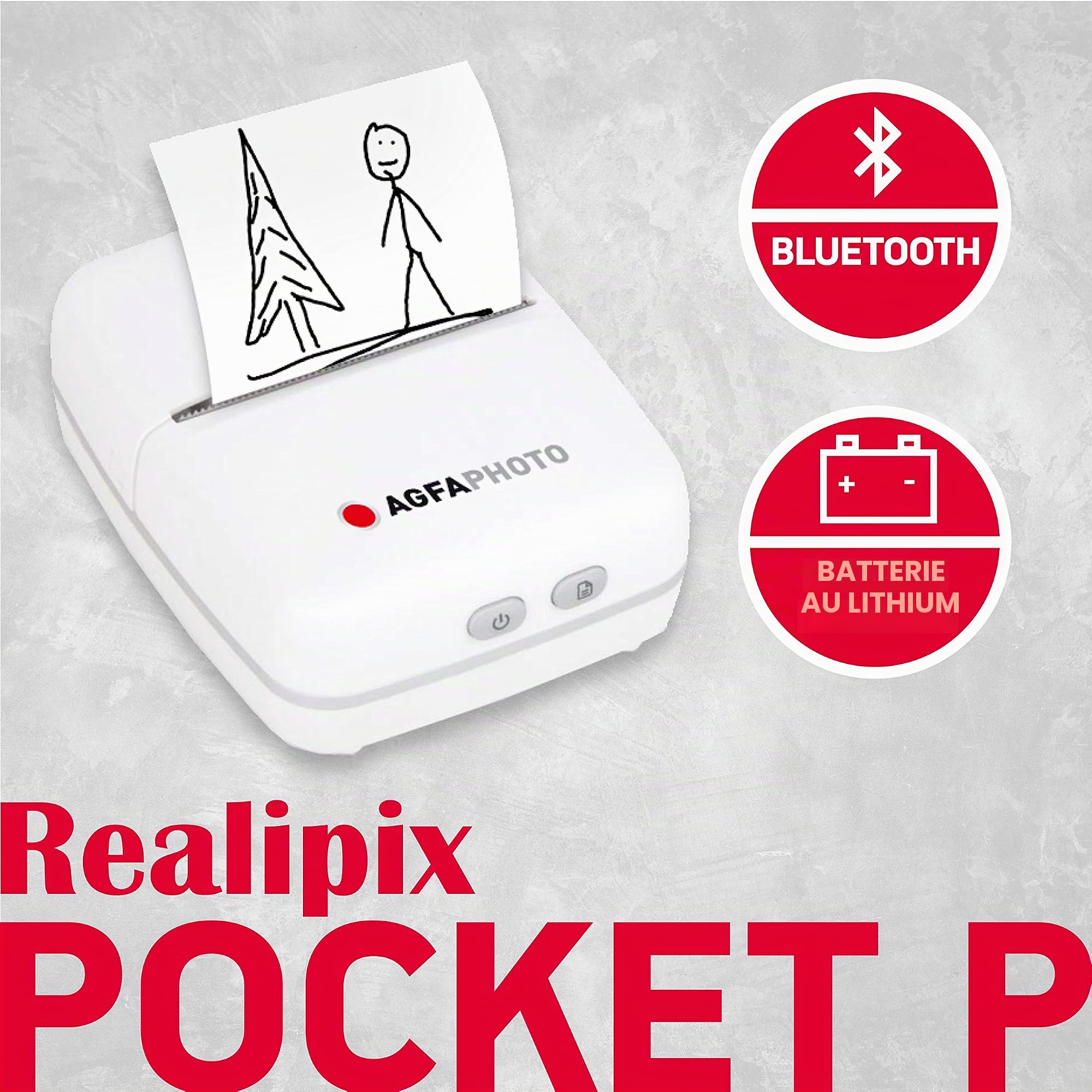 AgfaPhoto Realipix Pocket P – Imprimante Photo Thermique Portable (Impression Noir et Blanc sans Encre, Bluetooth, Batterie Lithium) Blanc