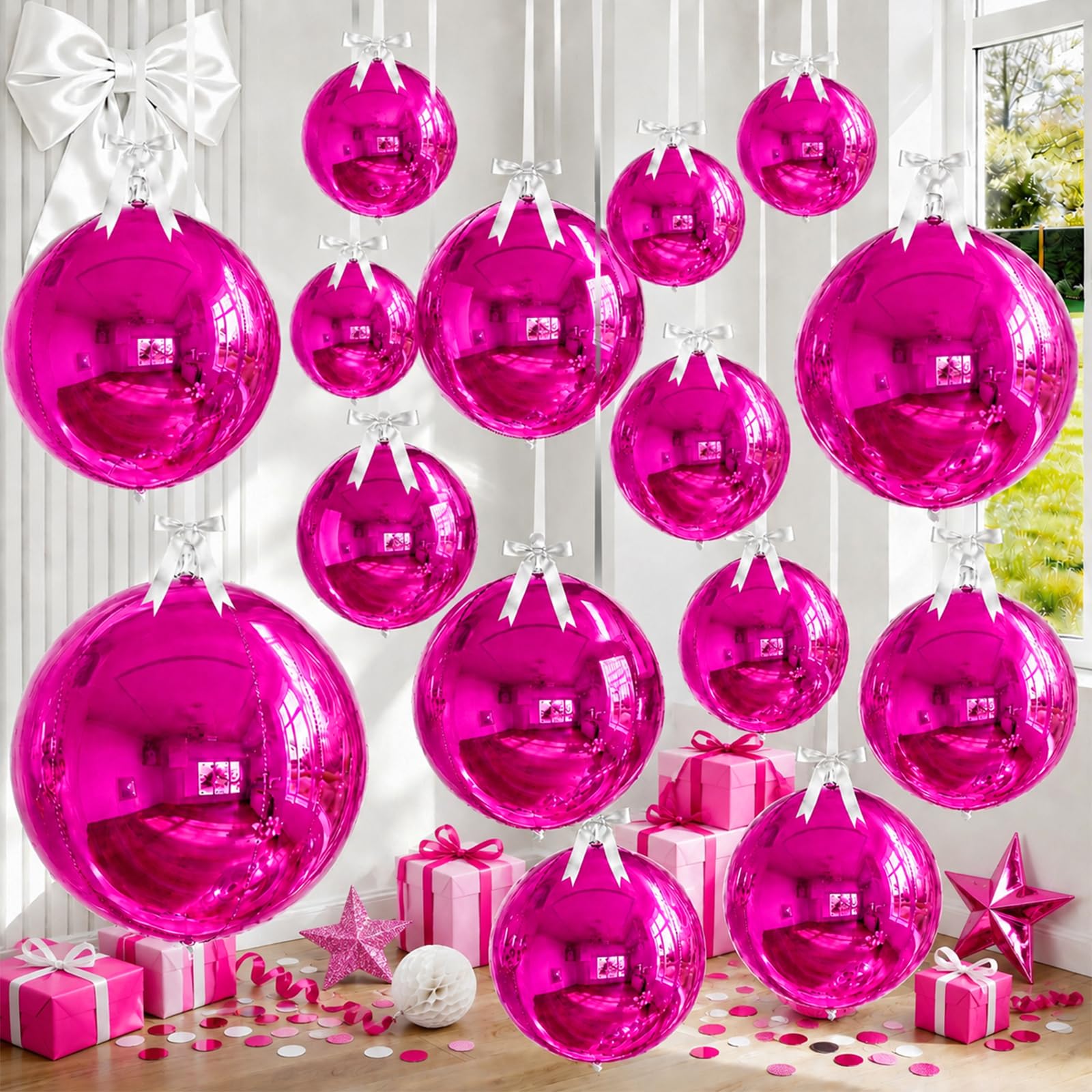 14 Pcs Hot Pink Round Foil Balloons 22/15/10 4D Ball Balloons Metallic Pink Fuchsia Balloon Ornament Mylar Balloon Chrome for Graduation Birthday Anniversary Disco Valentines Party Decorations