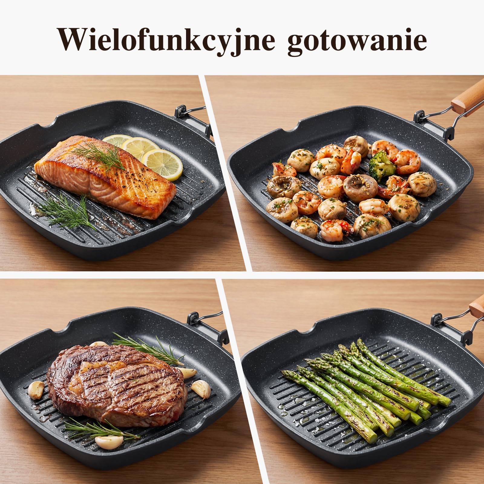 GiPP Nieprzywierająca, Składana Patelnia do Ggrillowania o Wymiarach 28x28 | Pasuje do różnych rodzajów kuchenek, w tym do kuchenek indukcyjnych; można myć w zmywarce; składany uchwyt