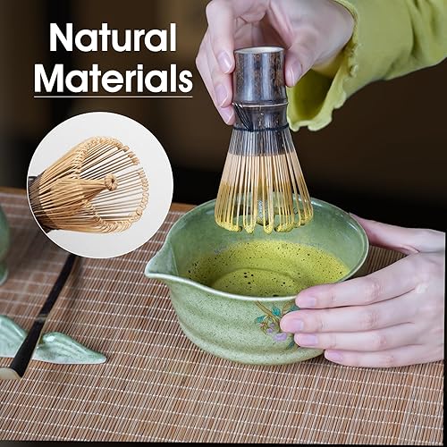 Miniatura 8 de Juego de batidores de matcha, kit de matcha japonés de 7 piezas con cuenco y soporte de cerámica floral, batidor de bambú natural, cuchara,