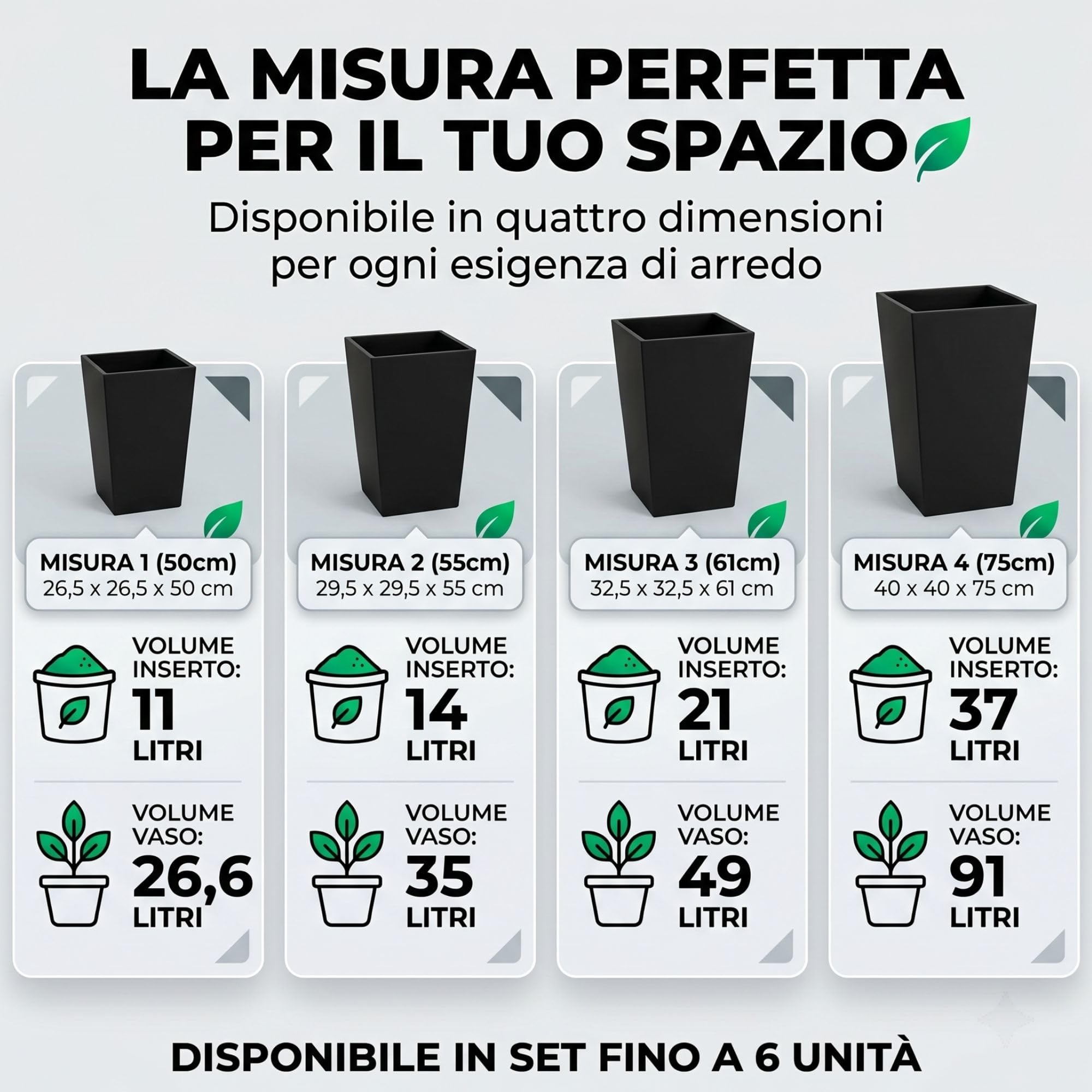 IMJ-Global - 2 Vasi per Piante da Esterno in Plastica Resistente Alle Intemperie, Vasi per Piante da Interno 26,5x26,5x50 cm (26,6L) con Inserto da 11 Litri, Arredamento Casa e Giardini (Nero)