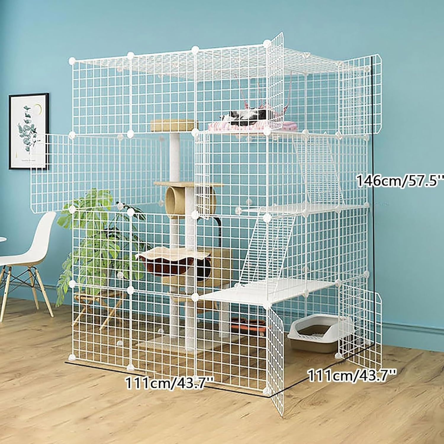 s Indoor, Large DIY Cat Enclosure Cat Playpen Detachable Metal Small Animal Cage with Hammock/Litter Tray/Cat Nest/Cat Bowl, for Small Pet Cat Puppy,H