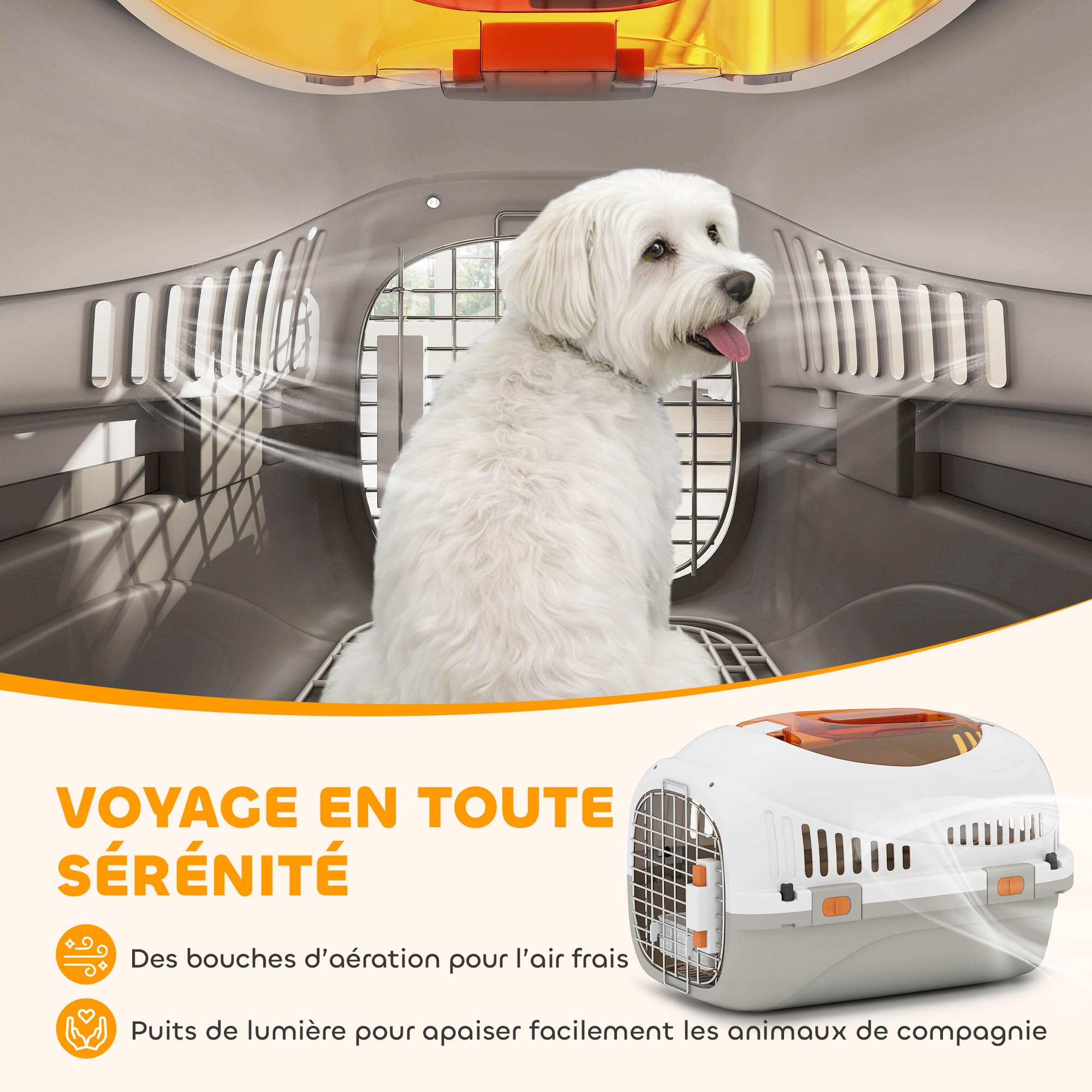 PawHut Caisse de Transport Chat et Chien, Cage de Transport pour Chats et Petits Chiens jusqu'à 4 kg, Porte Acier, Bol de Nourriture, Fermeture sécurisée, 49 x 32 x 31 cm, Gris et crème