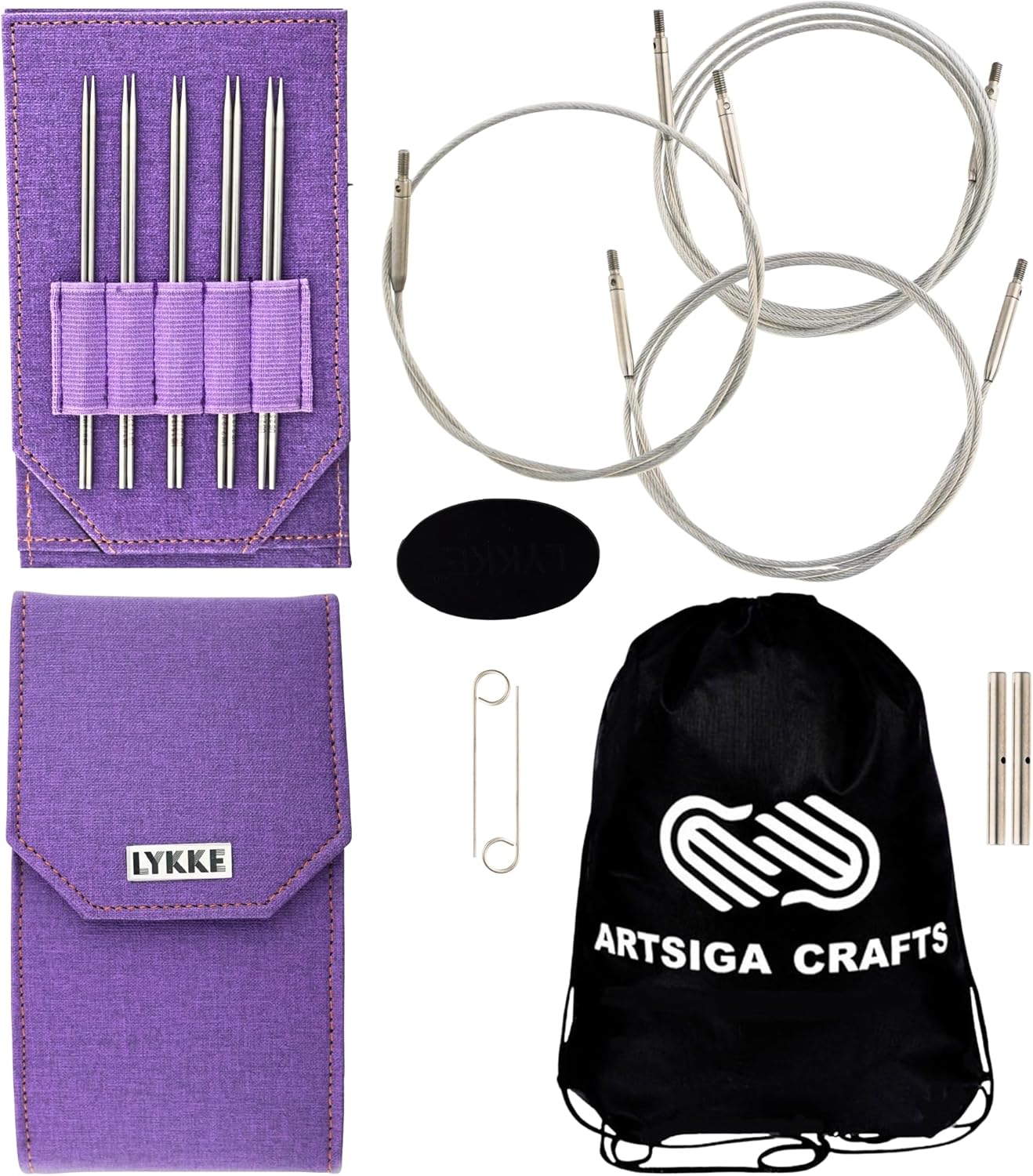 Lykke Flight 5 in. Mini Set US Sizes 0, 1, 1.5, 2, 2.5 Interchangeable Circular Knitting Needles for Lace, Fingering, Sock, Baby Yarn, Stainless Steel, 3 Cords, Purple Case, Project Bag