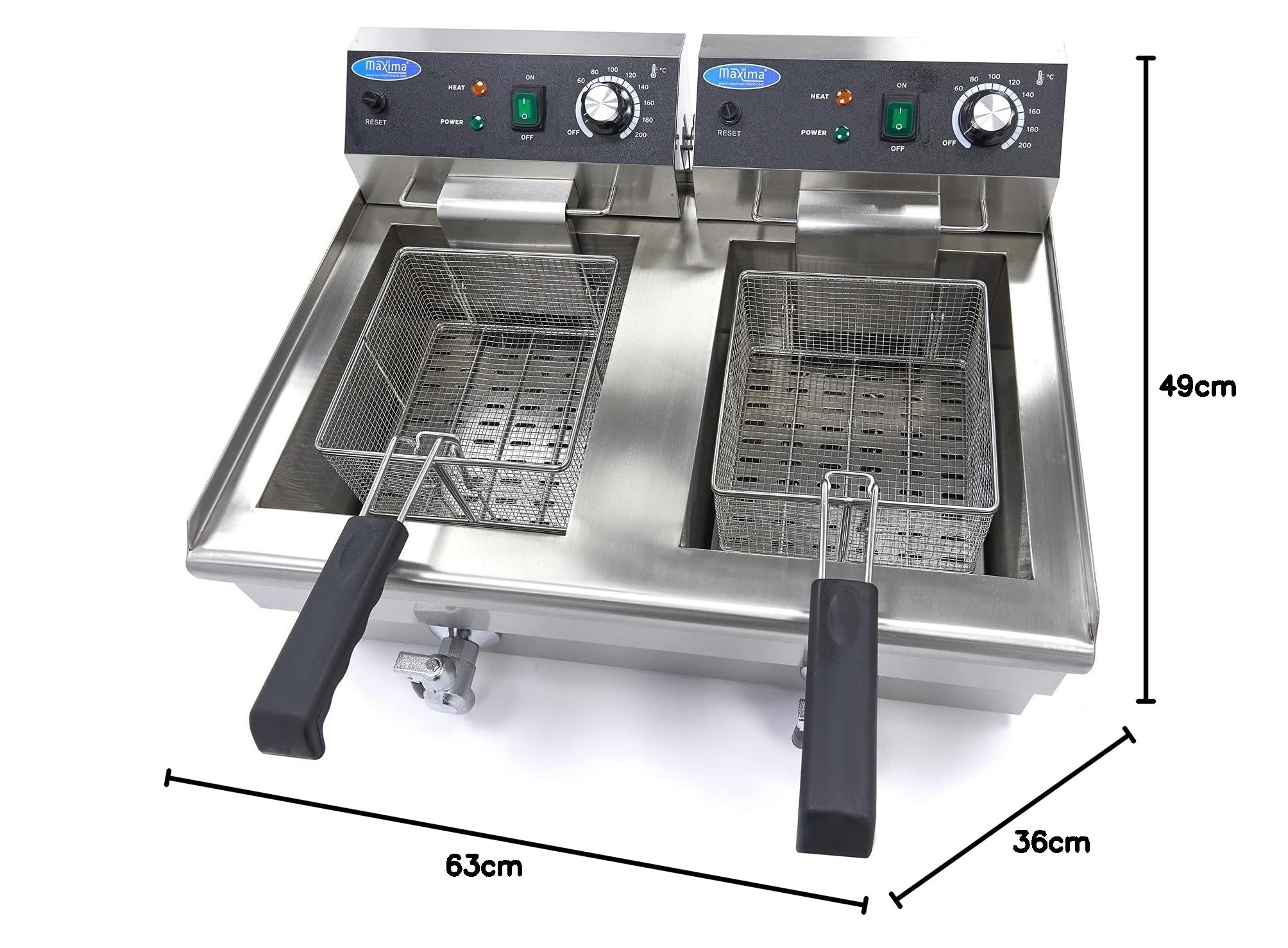 Fritteuse 2x 13 L – 2 Körbe – mit Hahn – Fritteuse – Doppel-Catering-Fritteuse – Edelstahl – Profi – 26 Liter