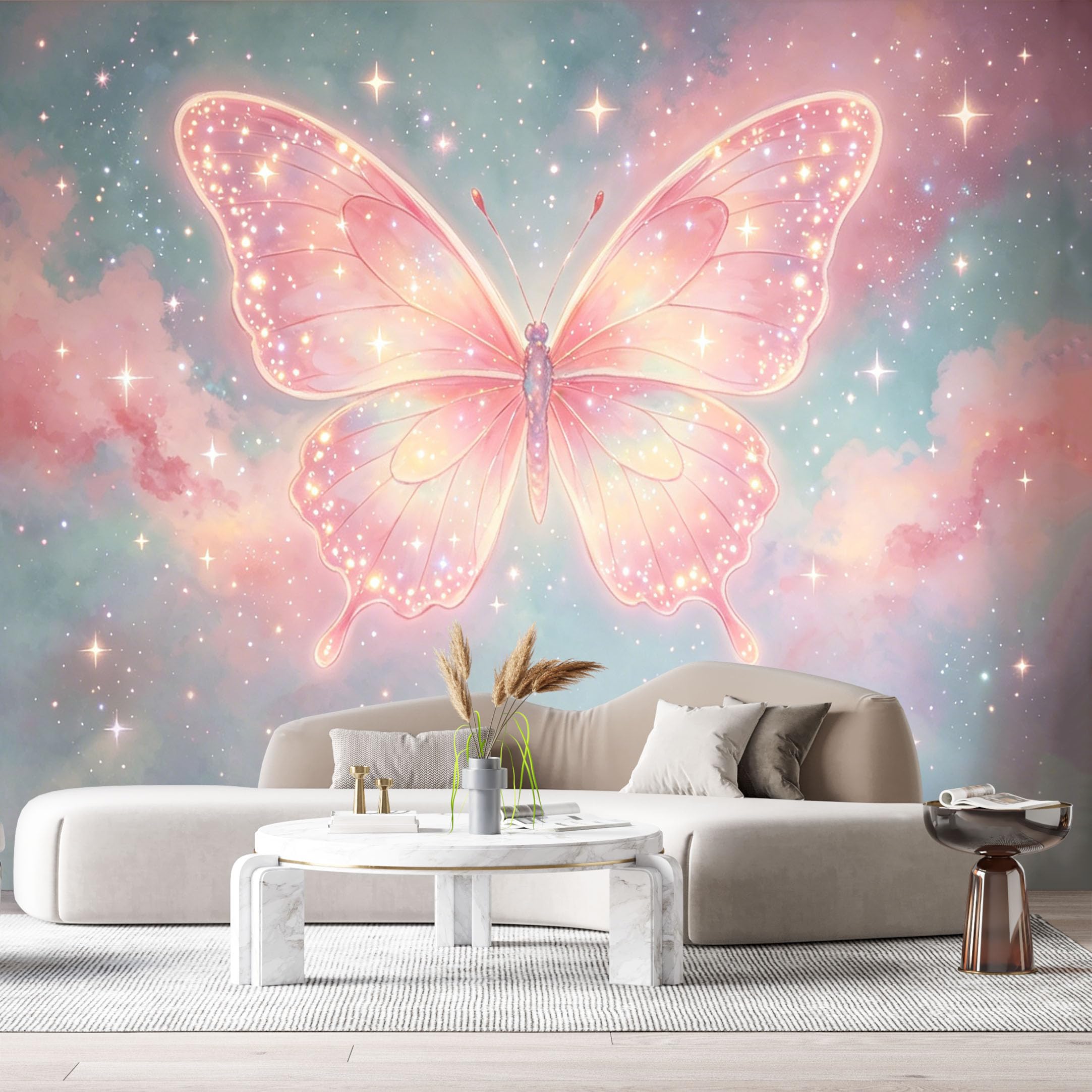 Custom Size Wall Murals Pink Butterfly Galaxy Nebula Watercolor Abstract SelfAdhesiveWall Fabric Removable Wallpaper Wall Decor for Living Room Bedroom Bathroom