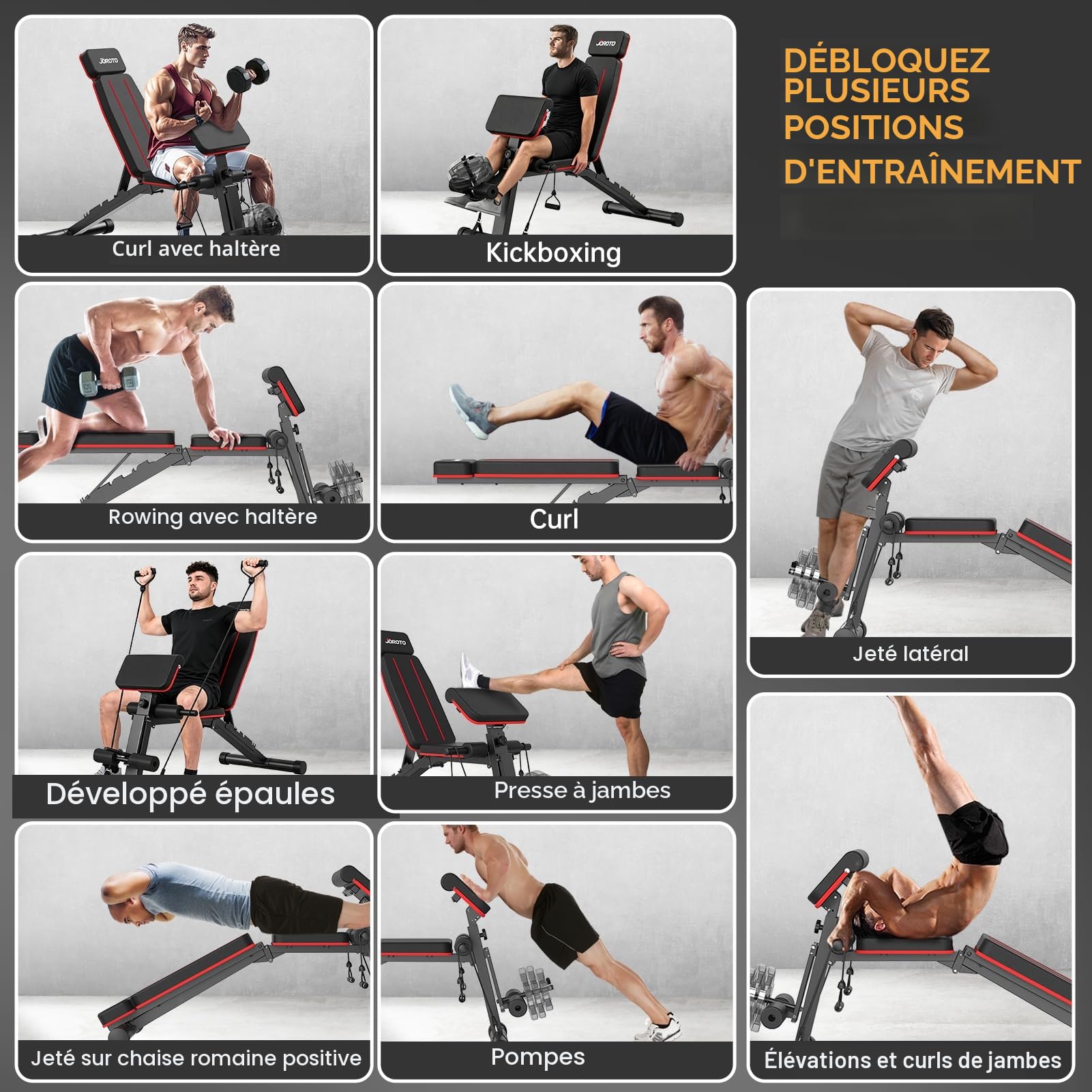 JOROTO Banc de musculation réglable pour salle de sport à domicile, capacité de 453,6 kg, banc d'entraînement pliable incliné avec extension des jambes et extension du dos, banc de musculation pour