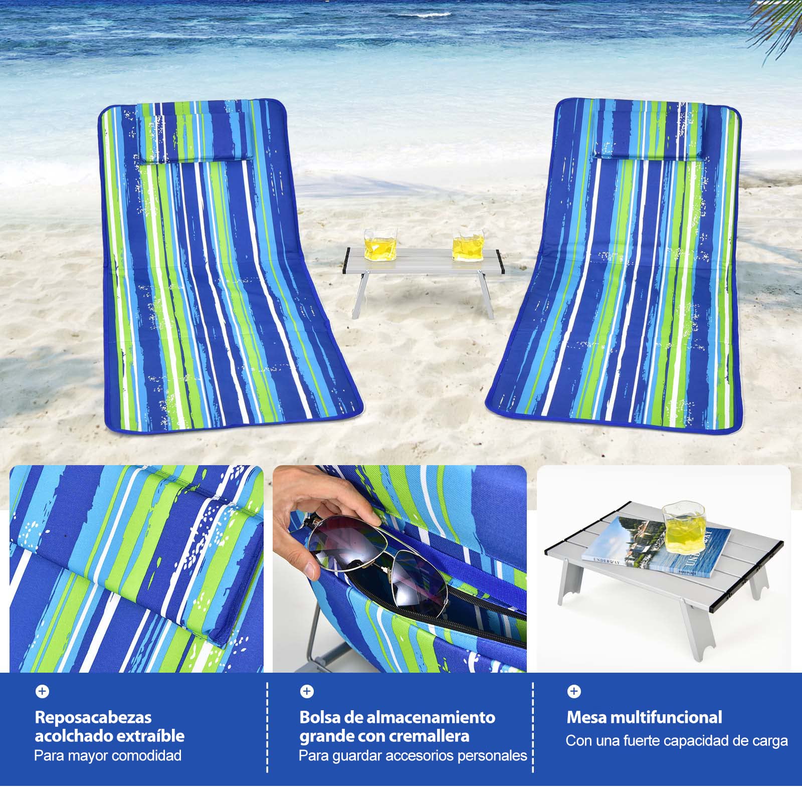 COSTWAY Set de Esterilla de Playa con Respaldo Plegable y una Mesita, Set Tumbonas Regulables 5 Posiciones para Relajarse Exterior Tomar el Sol, Sillas Regulables Portátiles para Playa Camping (Azul)