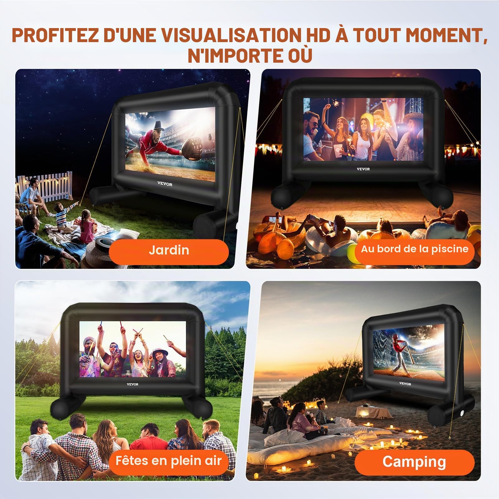 VEVOR Écran de Projection Gonflable Diagonale 14 pieds 16:9 Écran de Cinéma en Plein Air avec Ventilateur Toile 253,5x133 cm Projection Avant Arrière Fixation Stable pour Fête Soirée Camping Extérieur