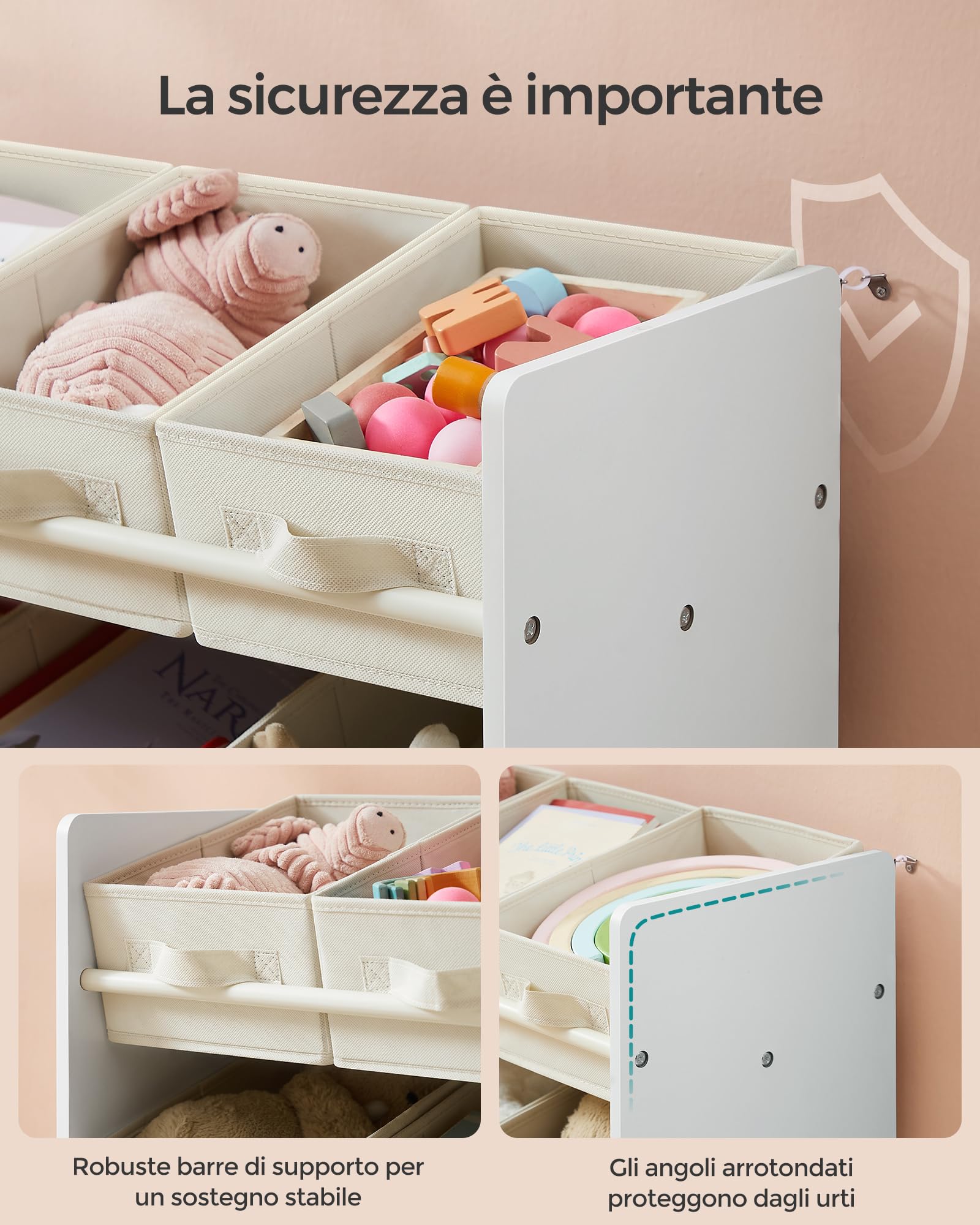 Scaffale Per Bambini SONGMICS Con 7 Contenitori - Libreria Giocattoli 60x62.5x29.5 Cm, Bianco, Facile Montaggio