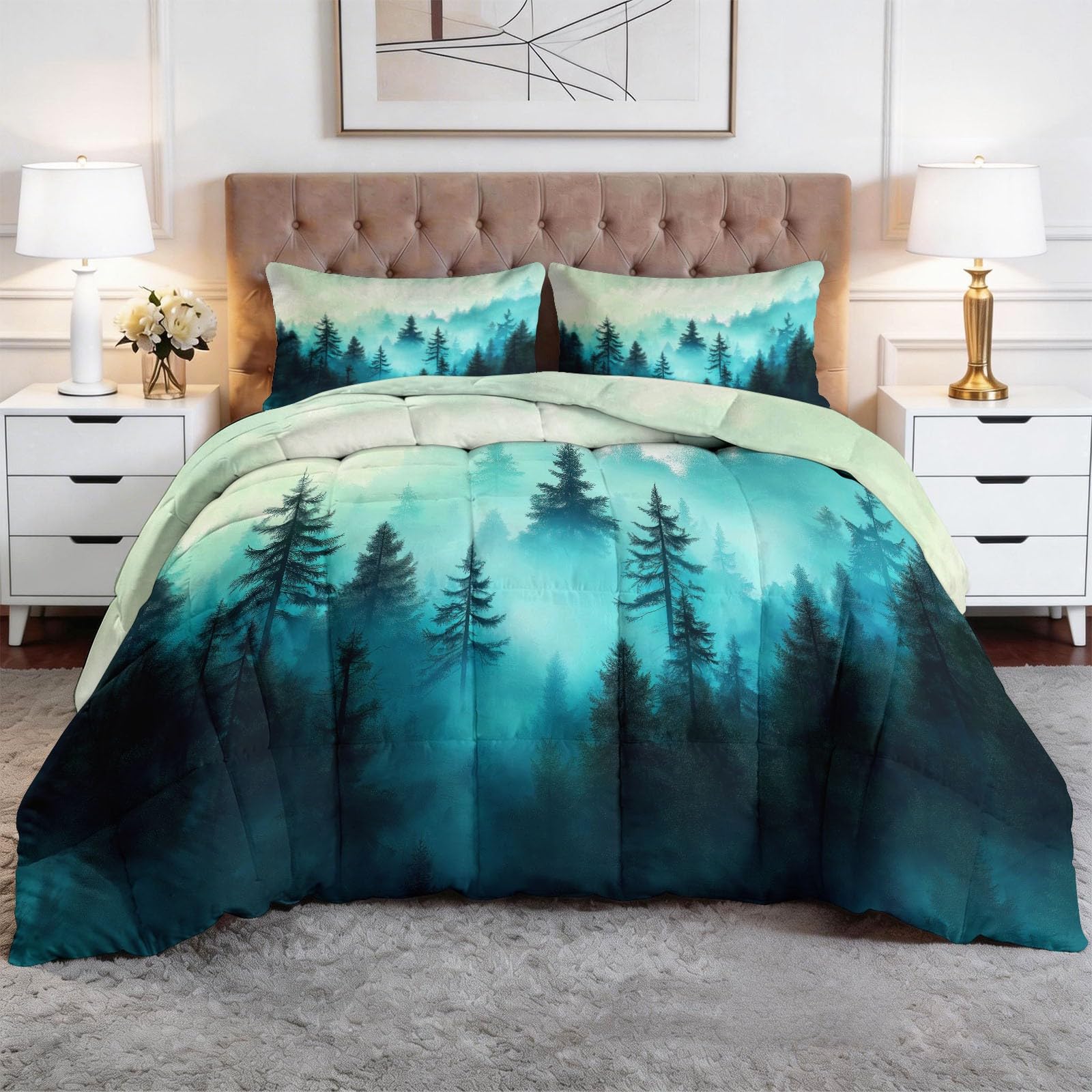 Zimowa kołdra 140 x 200 cm krajobraz natura las gęsta mgła kołdra z poliuretanu o gramaturze 400 g/m², ciepła i elegancka, antyalergiczna i oddychająca pościel 3-częściowy, niebieska