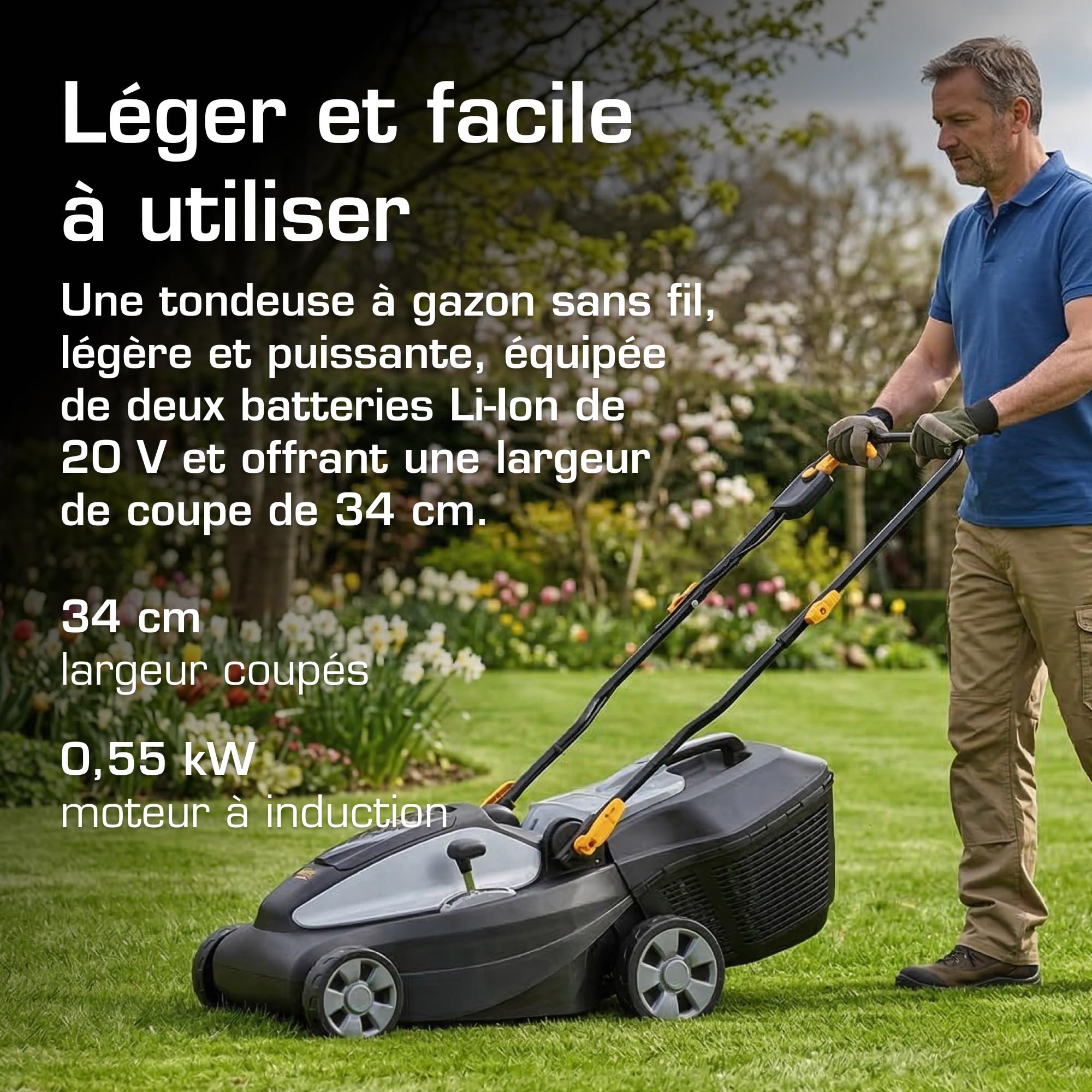 Alpina Tondeuse sans fil AL1 3420 Li Kit, 34cm Largeur de Coupe, 2 Batteries 20V 2Ah