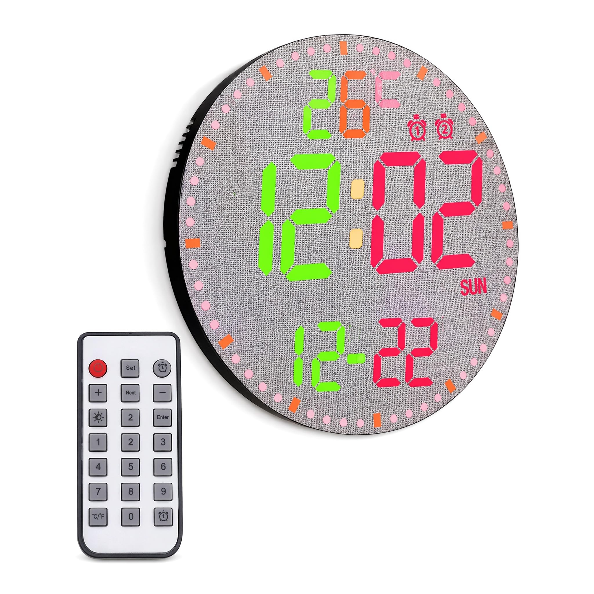 Orologio da parete a LED con calendario e conto alla rovescia con timer retroilluminato | 30,5 cm, calendario elettronico, retroilluminazione RGB, oscuramento automatico, visualizzazione della temperatura