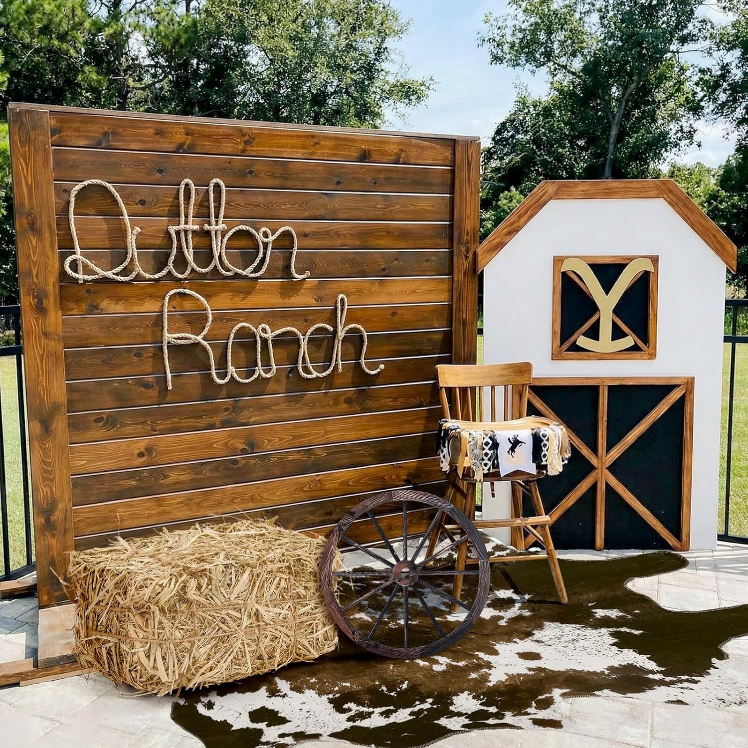 Hoteam 3 Pcs Western Cowboy Party Decor Straw Hay Bale Stack Wooden Wagon Wheel Cowhide Rug Wild West Cowboy Backdrop Supplies for Western Birthday Photo Booth Props Cowgirl Farm Accessories