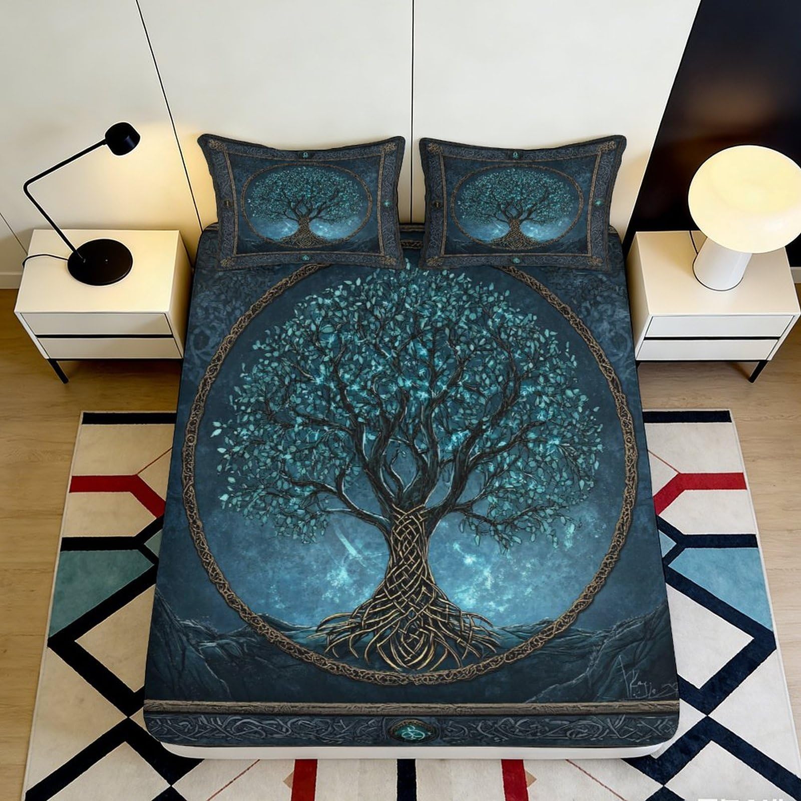 3D Printed Mystic Tree Fitted Sheet Microfiber Dark Blue Celtic Forest Bed Cover for Bedroom Dorm Easy Care 90x200x25cm