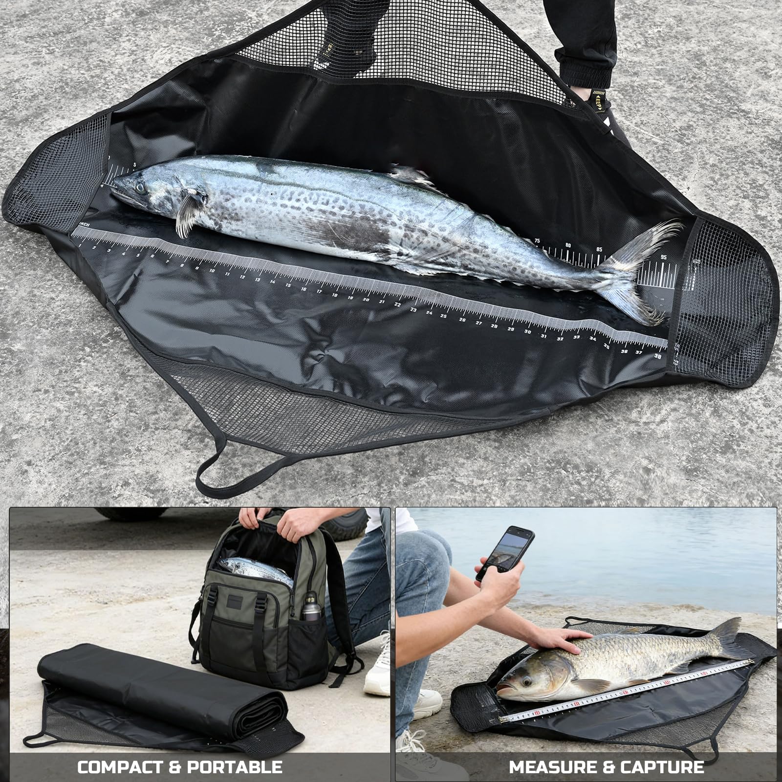 Abhakmatte Angeln mit Maßband,Abhakmatte Karpfen mit Griffen für Transport und Gewicht,Kompakte,Wasserabweisend,Abhakmatte für Raubfisch für Große Barsche,Karpfen,Welse (A-120x65cm)