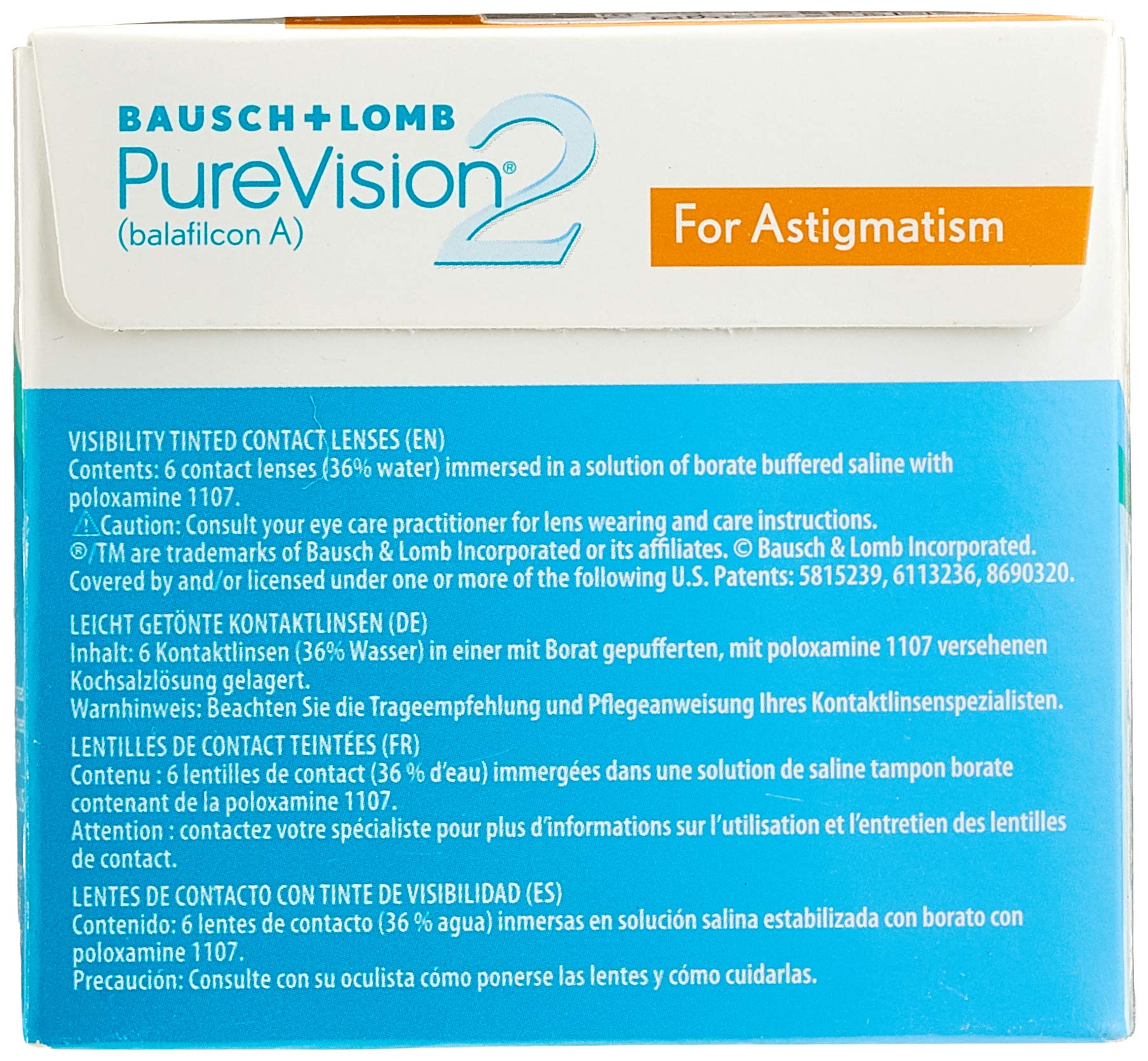 Bausch und Lomb PureVision2 for Astigmatism Monatslinsen, torische Kontaktlinsen, weich, 6 Stück BC 8.9 mm/DIA 14.5 / CYL -0.75 / Achse 10 / -8 Dioptrien
