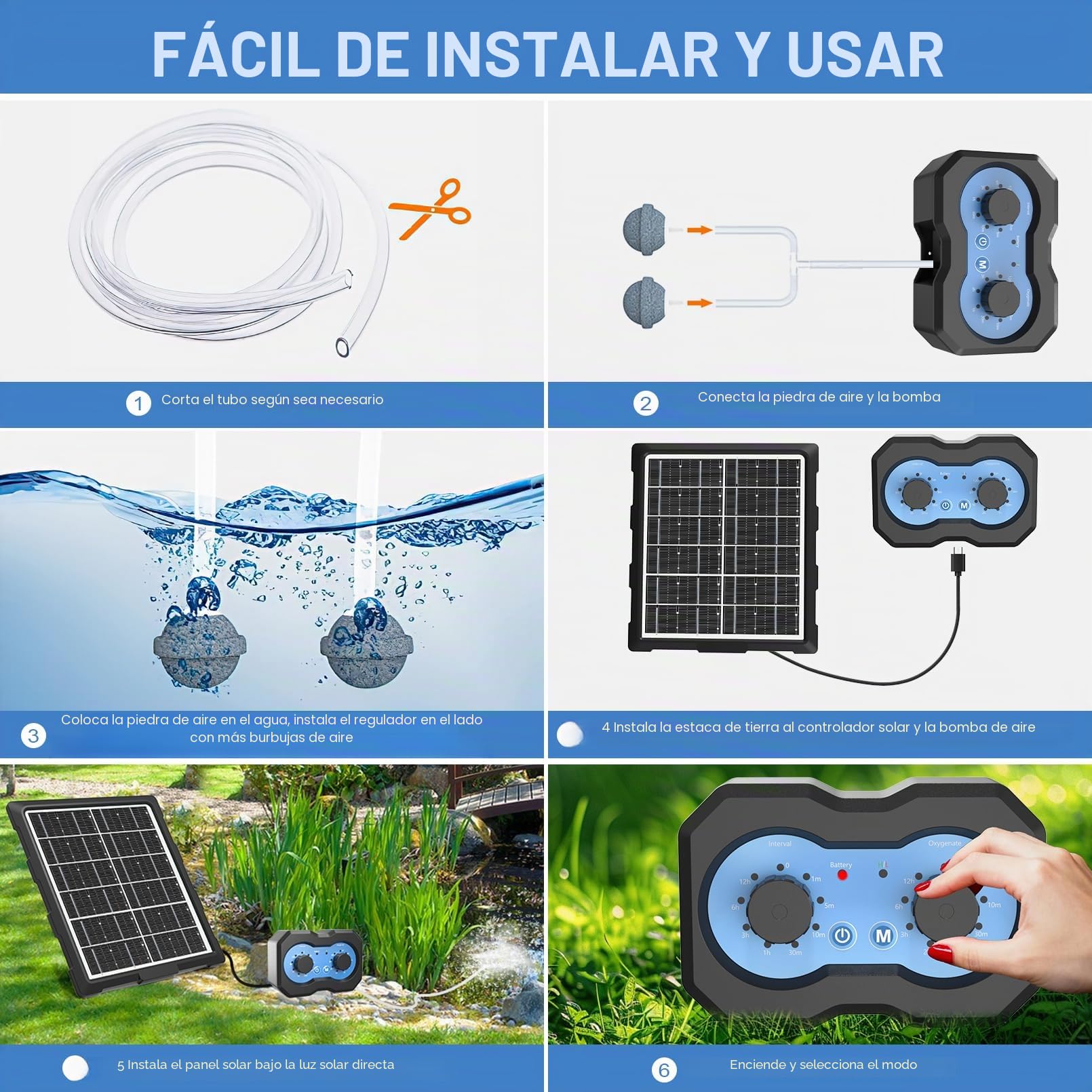 Bomba de aire oxigenadora solar para estanque, botón de rotación simple mejorado, aireador solar para estanques al aire libre con función de temporización, para jardín, pecera, piscina, estanque de