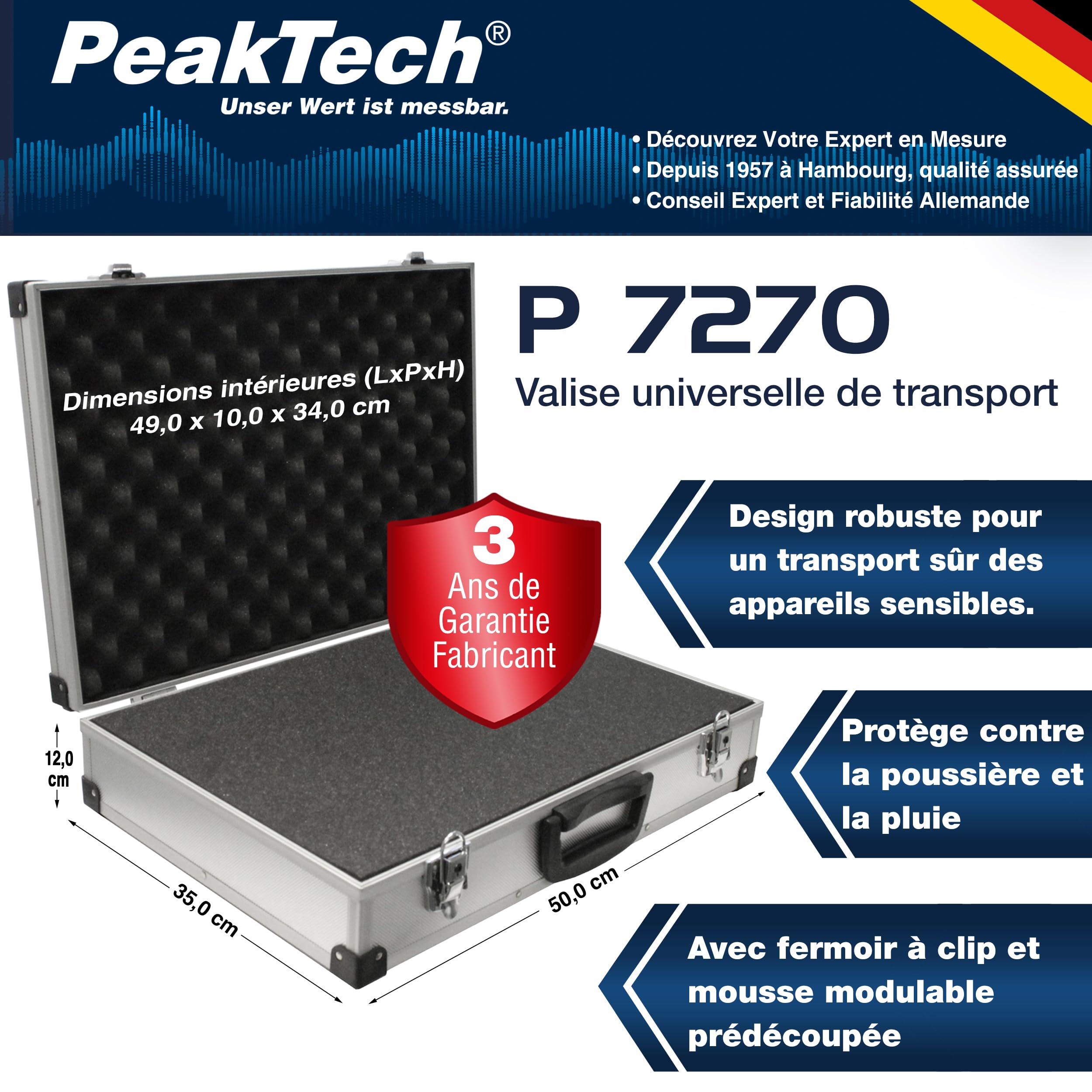 Peak Tech P 7270 - Mallette Universelle pour Instruments de Mesure, Robuste en Aluminium, Compartiment à Outils, Rembourrage en Mousse, Verrouillable, Anti-Poussière, XXL - 500 x 350 x 120 mm