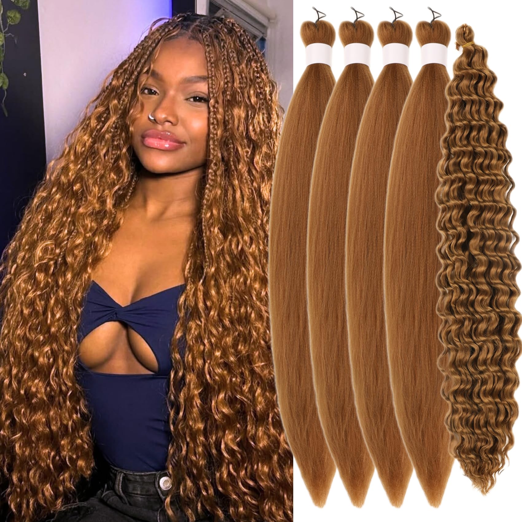 Honey Blonde Braiding Hair Pre Stretched Hypoallergenic 27 Boho Hair for Braiding Synthetic Knotless Crochet Boho Braids Non Toxic ez Braid Deep Wave
