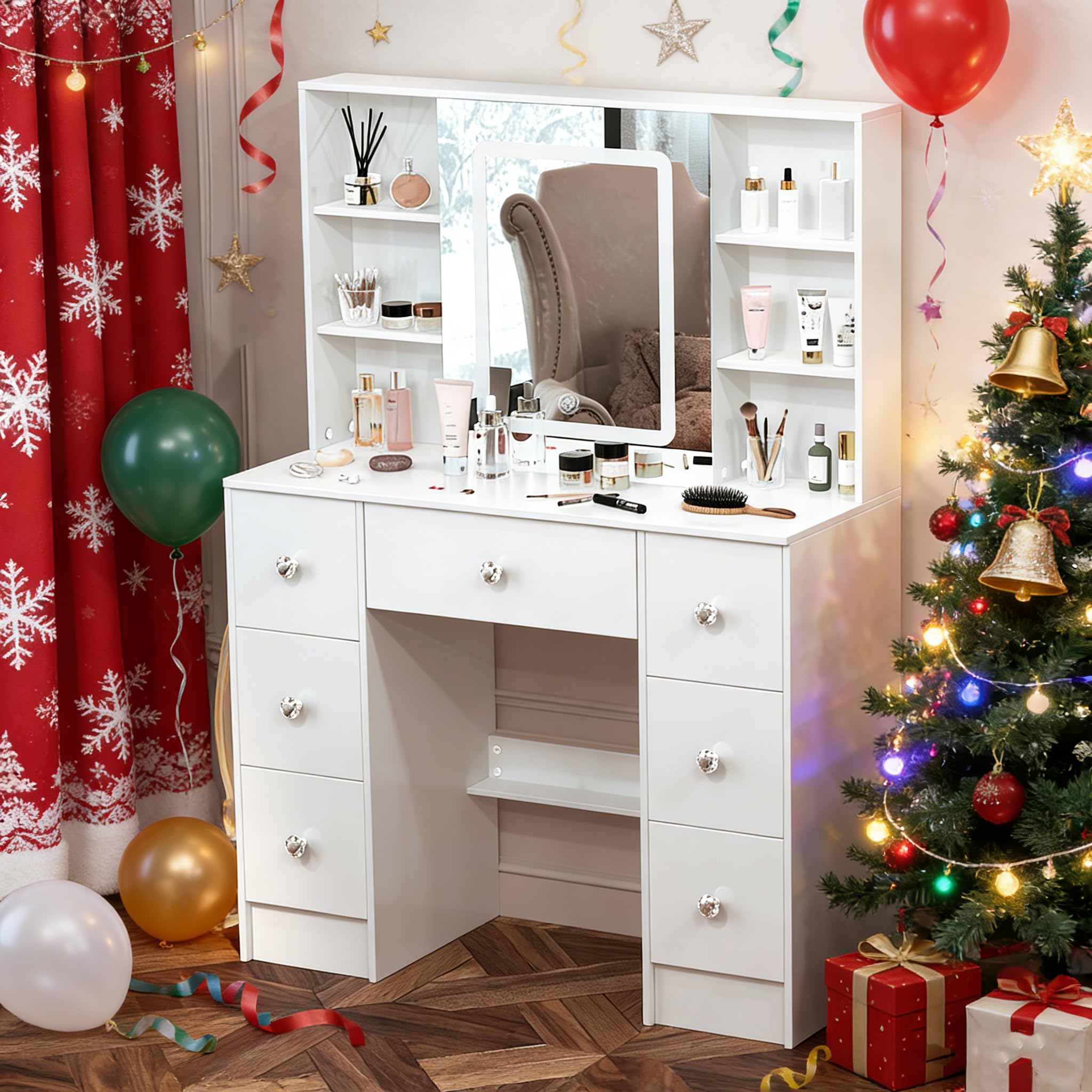 Vanity Desk with Mirror,White Make up Vanity with 7 Drawers 6 Shelves & Slide LED Mirror,3 Modes Light Adjustable,Vanity Desk for Bedroom,White,39.5" L*15.8" W*55.2" H.