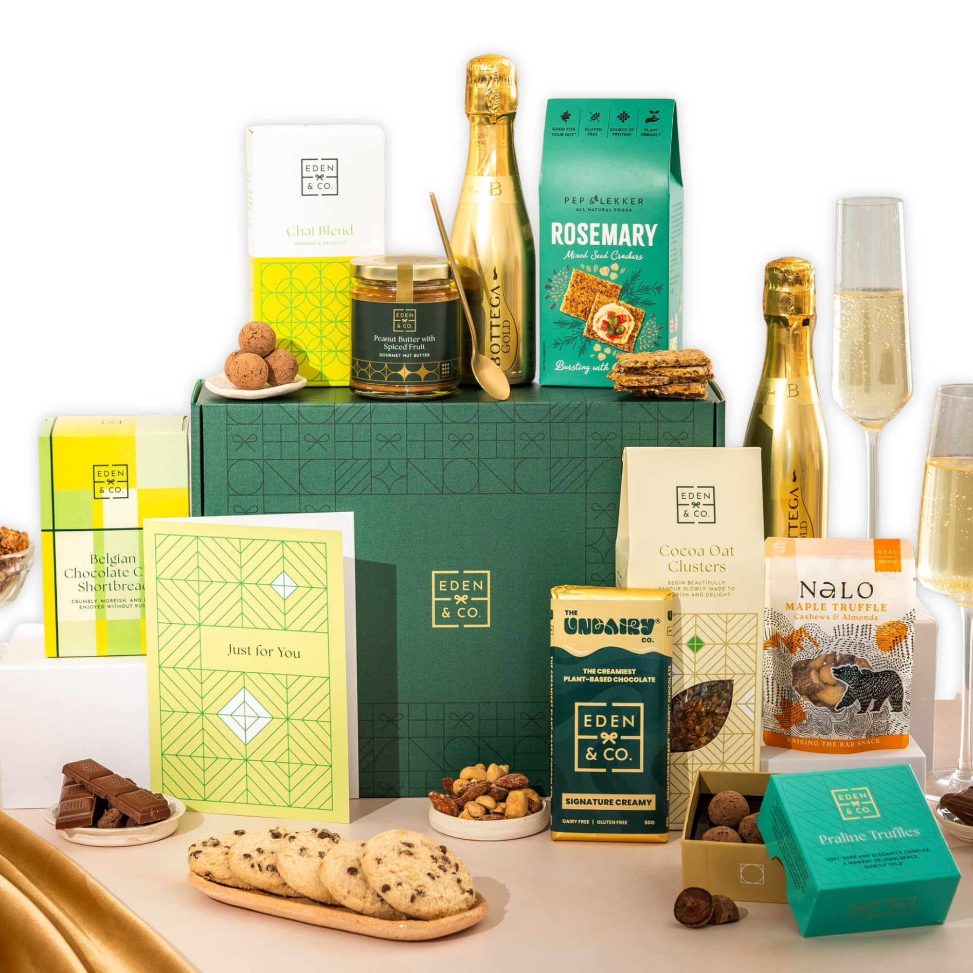 Just Because Vegan Gift Hamper Basket, Luxury Gourmet Gifts for Women, Men, Couples, with Vegan Chocolate by EDEN & CO - Plus 1 Prosecco