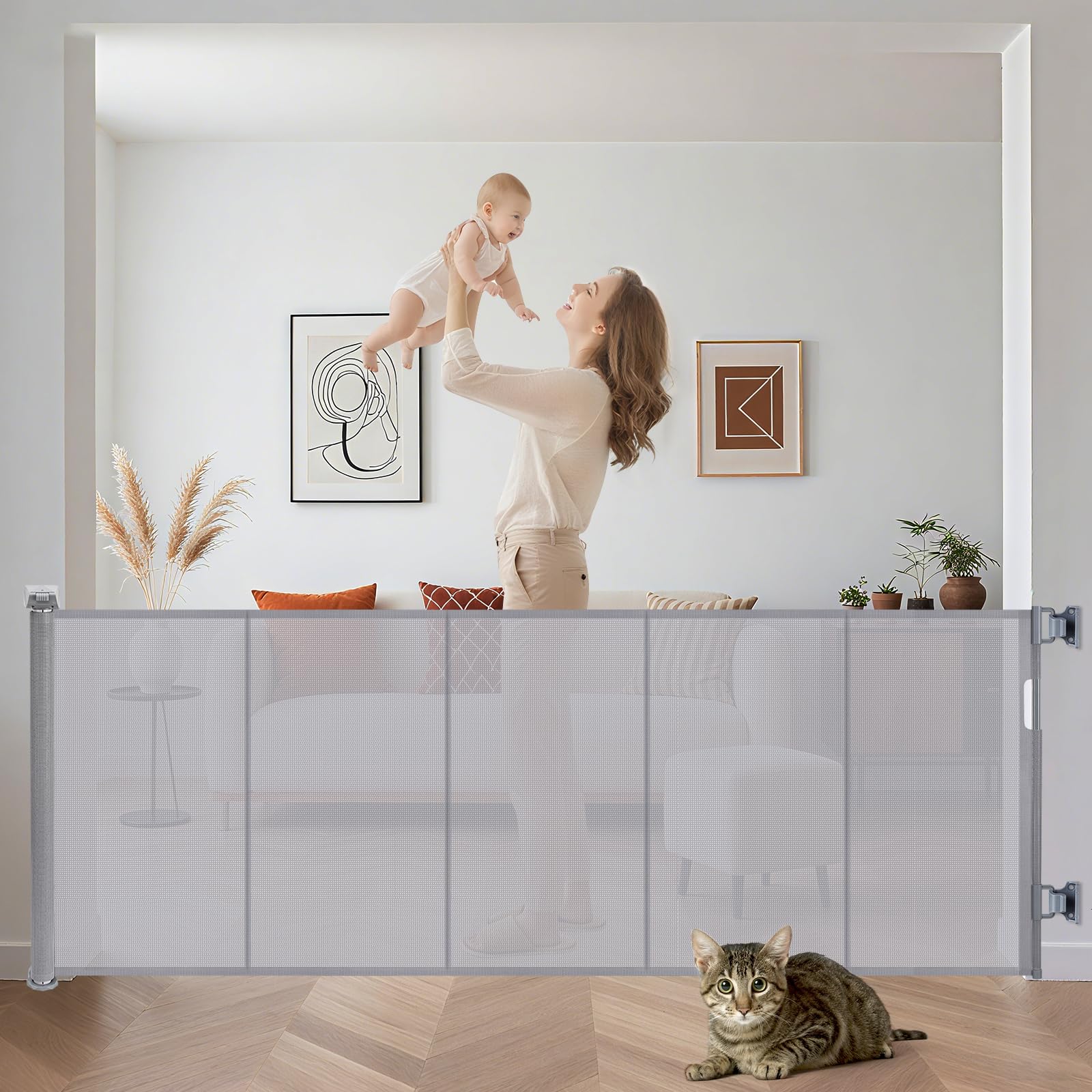 Barrière de Sécurité Rétractable, 300 cm de Large x 86 cm de Haut, pour Escaliers et Chiens, Blanc (Gris, 300CM)