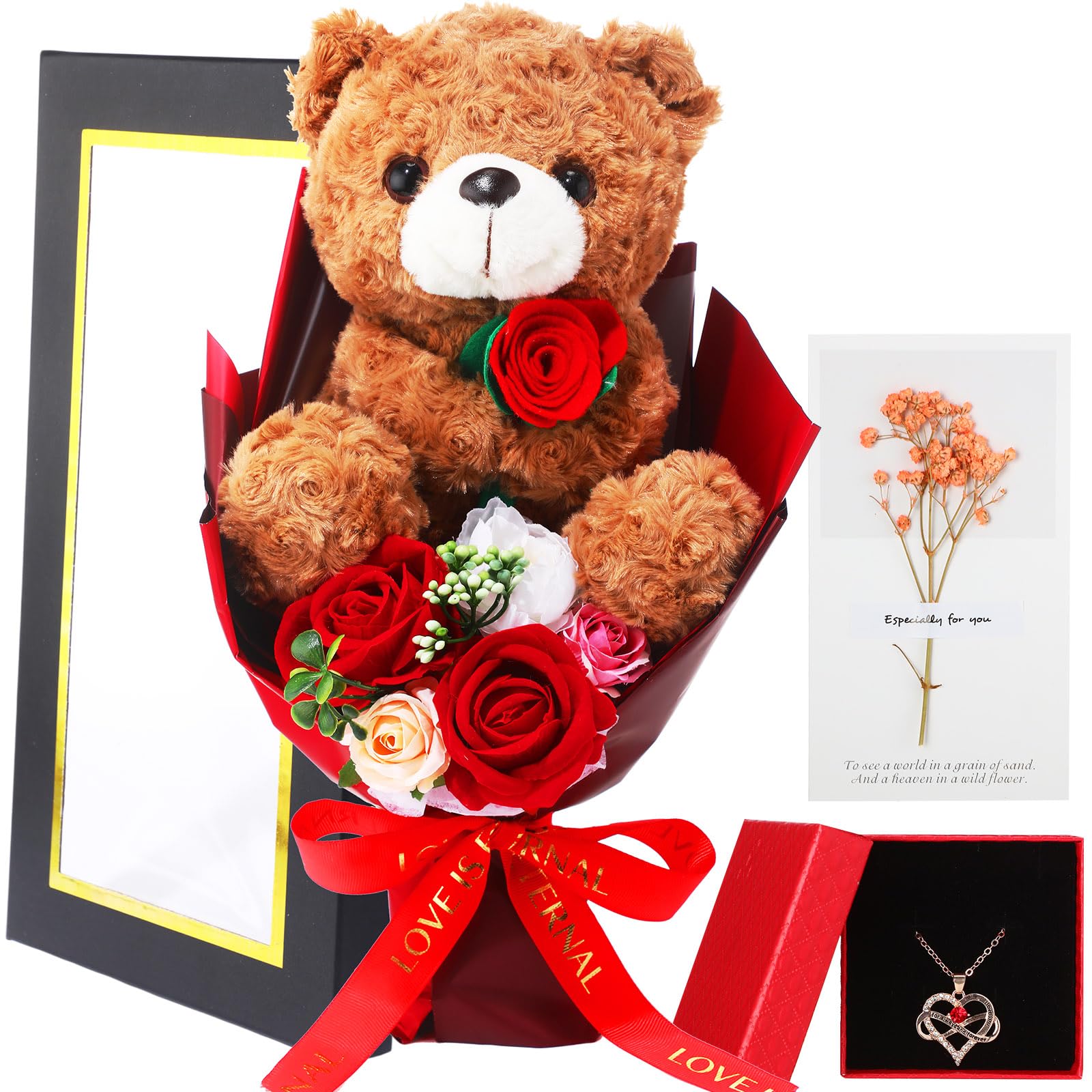 PullCrease Bear Flower Bouquet for Women 15in Rose Plush Bear Gift Box, Artificial Bouquet Necklace & Card for Valentine’s Day, Graduation,