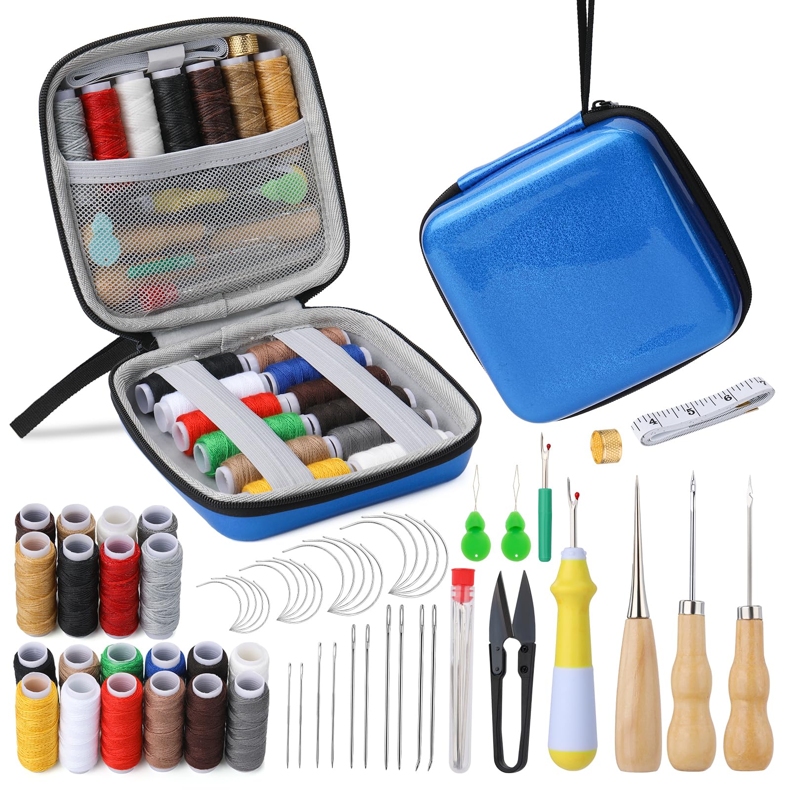Easusy Leather Working Sewing Kit, 62pcs Sewing Set with Case Portable Sewing Supplies for Home Traveler, Adults, Beginner, Emergency,with Waxed Thread, Scissors, Needles, Measure Ruler