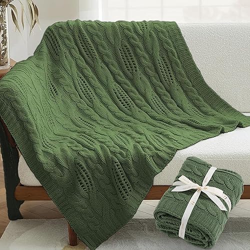Amélie Home Manta verde para sofá, manta de punto trenzado hueco, suave, acogedora, ligera y transpirable, decorativa de primavera para sofá,