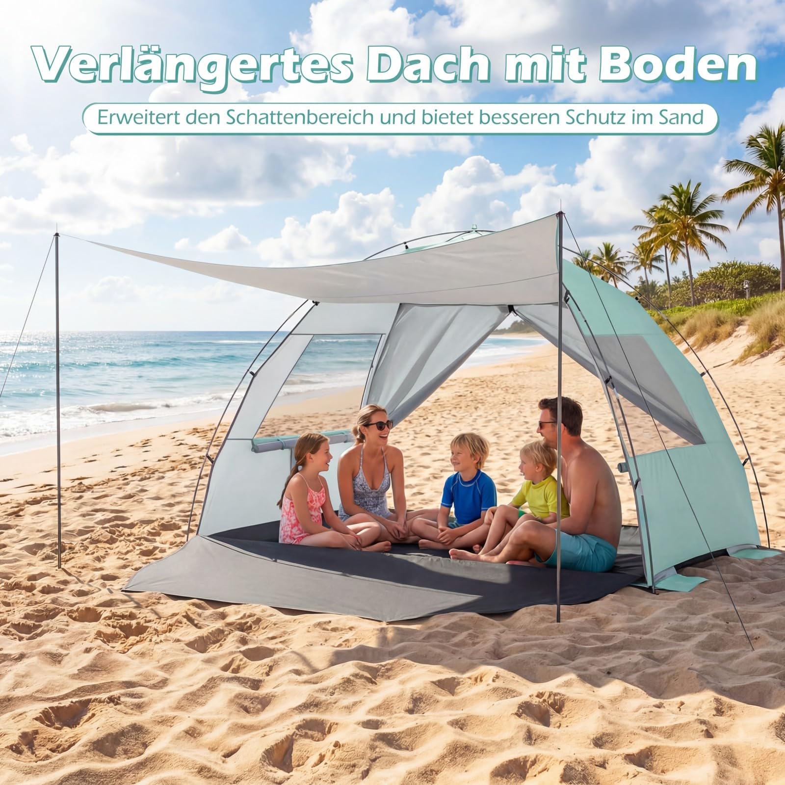COSTWAY Strandmuschel mit Vordach, Strandzelt UV-Schutz 50+ mit Reißverschlusstüren & Netzfenstern, Zelt für 5-6 Personen inkl. Tragetasche & Heringe (260 x 150 x 160 cm,Grün)