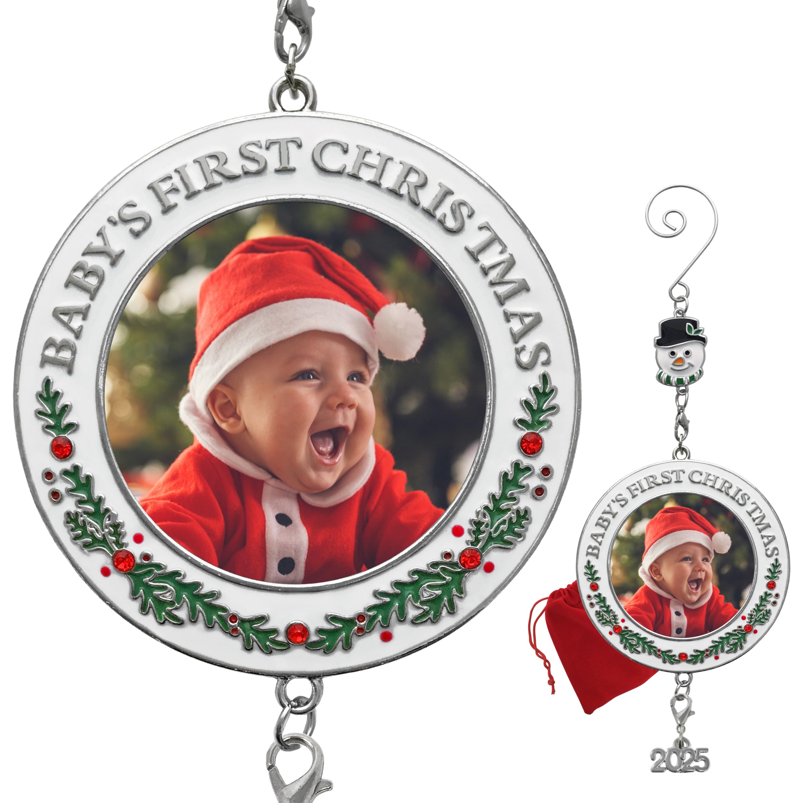 Baby's First Christmas Photo Ornament - Dated 2025 - Holly & Red Rhinestone Accents - Snowman Hook - Bag Included - Choose The Customized Option and We Will Insert Your Photo - 3" D