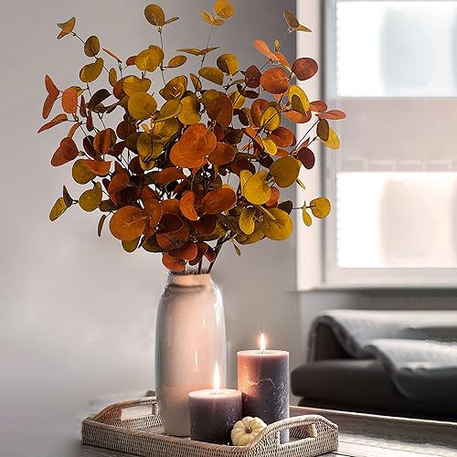 Miniatura 8 de 4 piezas de hojas artificiales de eucalipto de otoño, plantas de tallos verdes para el hogar, arreglo floral, boda, fiesta, otoño, Acción de