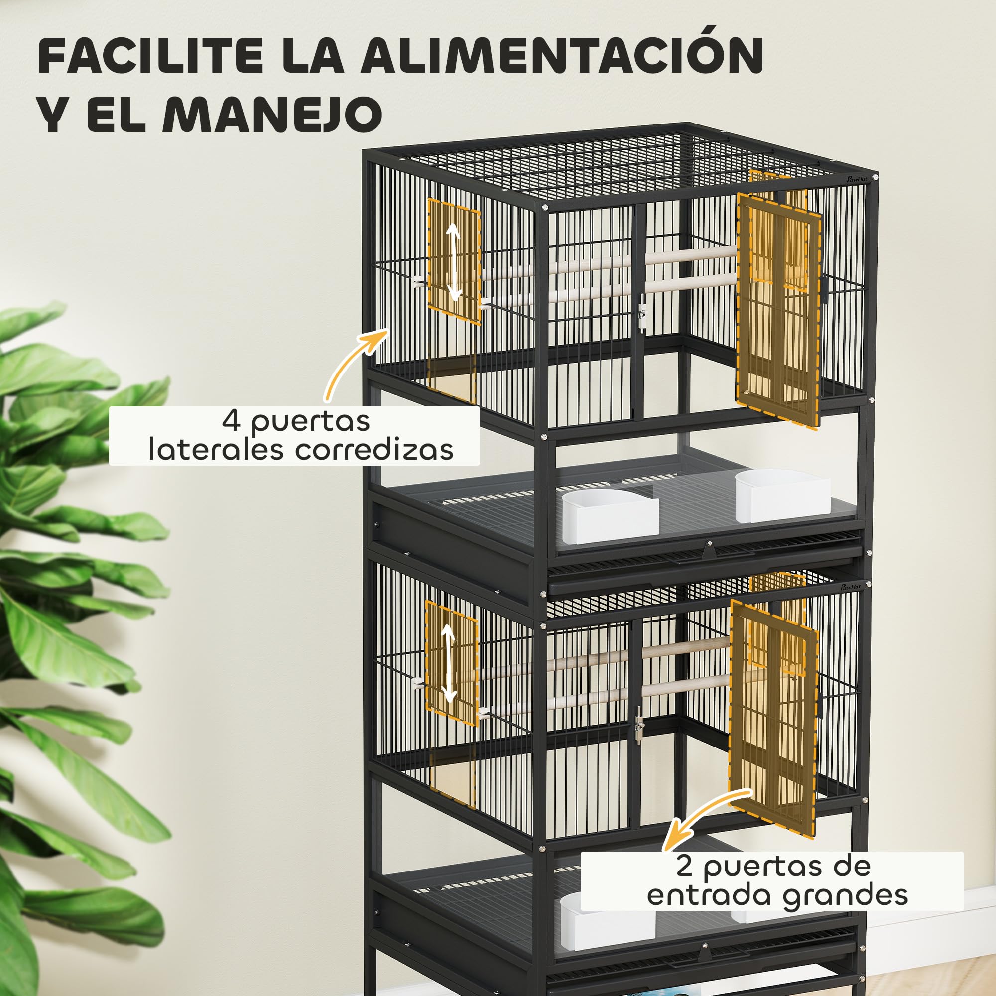 Pawhut Gabbia per uccelli grande gabbia a 2 livelli con ruote pannelli acrilici mangiatoie appendiabiti scaffale vassoi estraibili voliera per pappagalli Canarini 48 x 46 x 134,5 cm nero