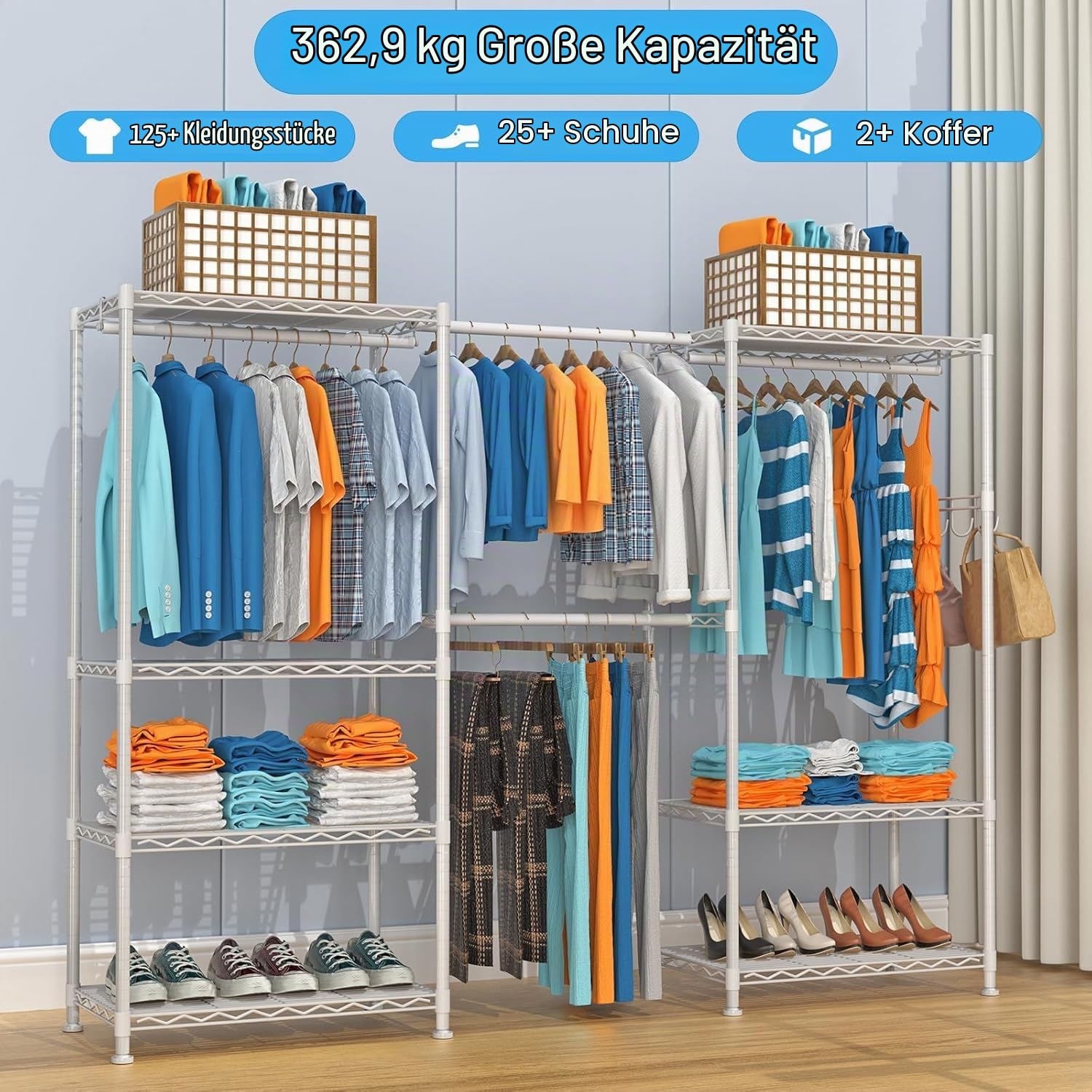 VyGrow Schwerlast Kleiderstände zum Aufhängen von Kleidung, Kleiderständer mit 4 Aufhängestangen & 7 Regalen, 175 cm Lx39.9 cm Bx194.1 cm H, (weiß)
