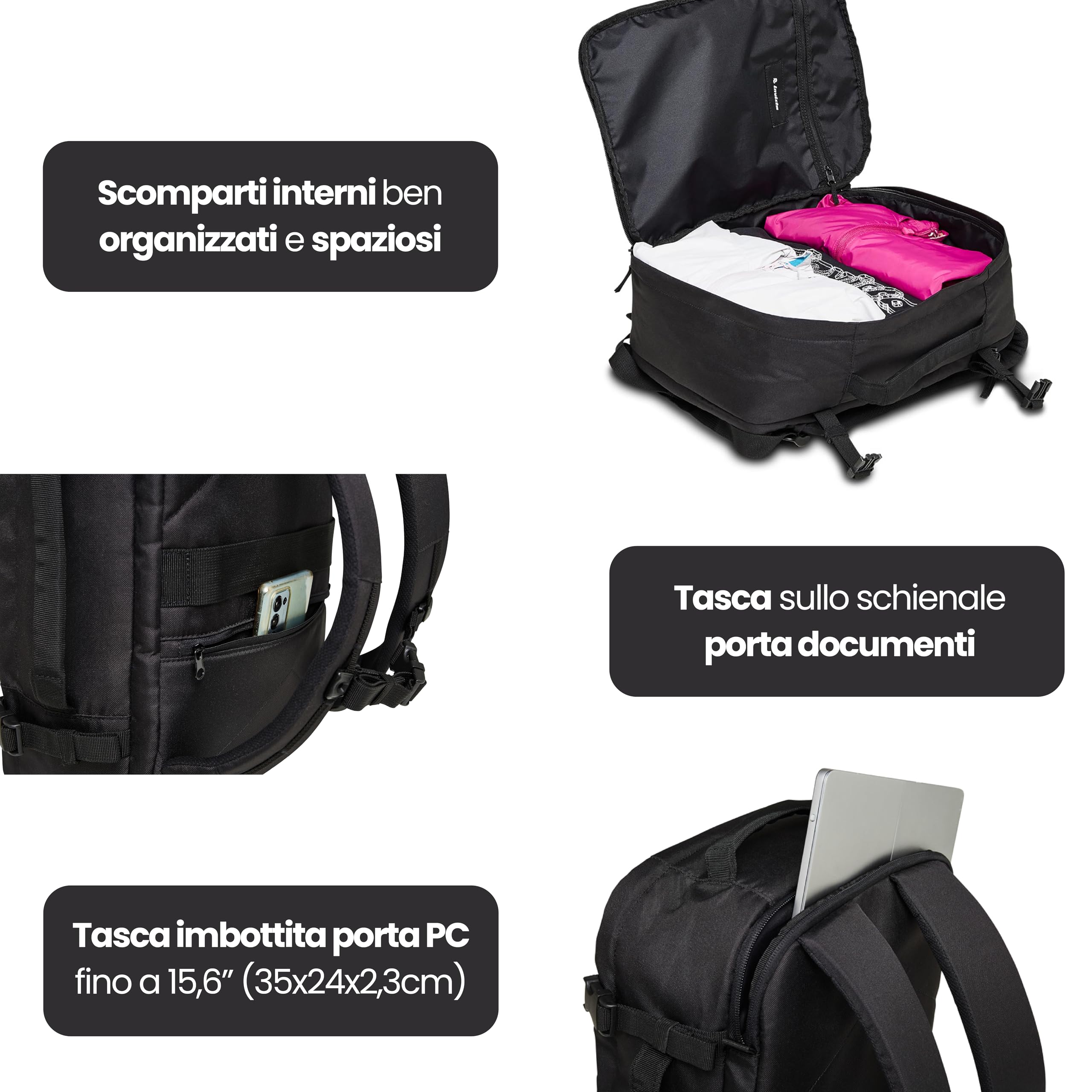 Invicta Zaino Viaggio TRAVEL, Zaino, Valigia, Bagaglio a Mano, Tasca Porta PC, Tasca Porta Borraccia, Cinghia Torace Regolabile, Fascia Aggancio Trolley, Nero (Jet Black)