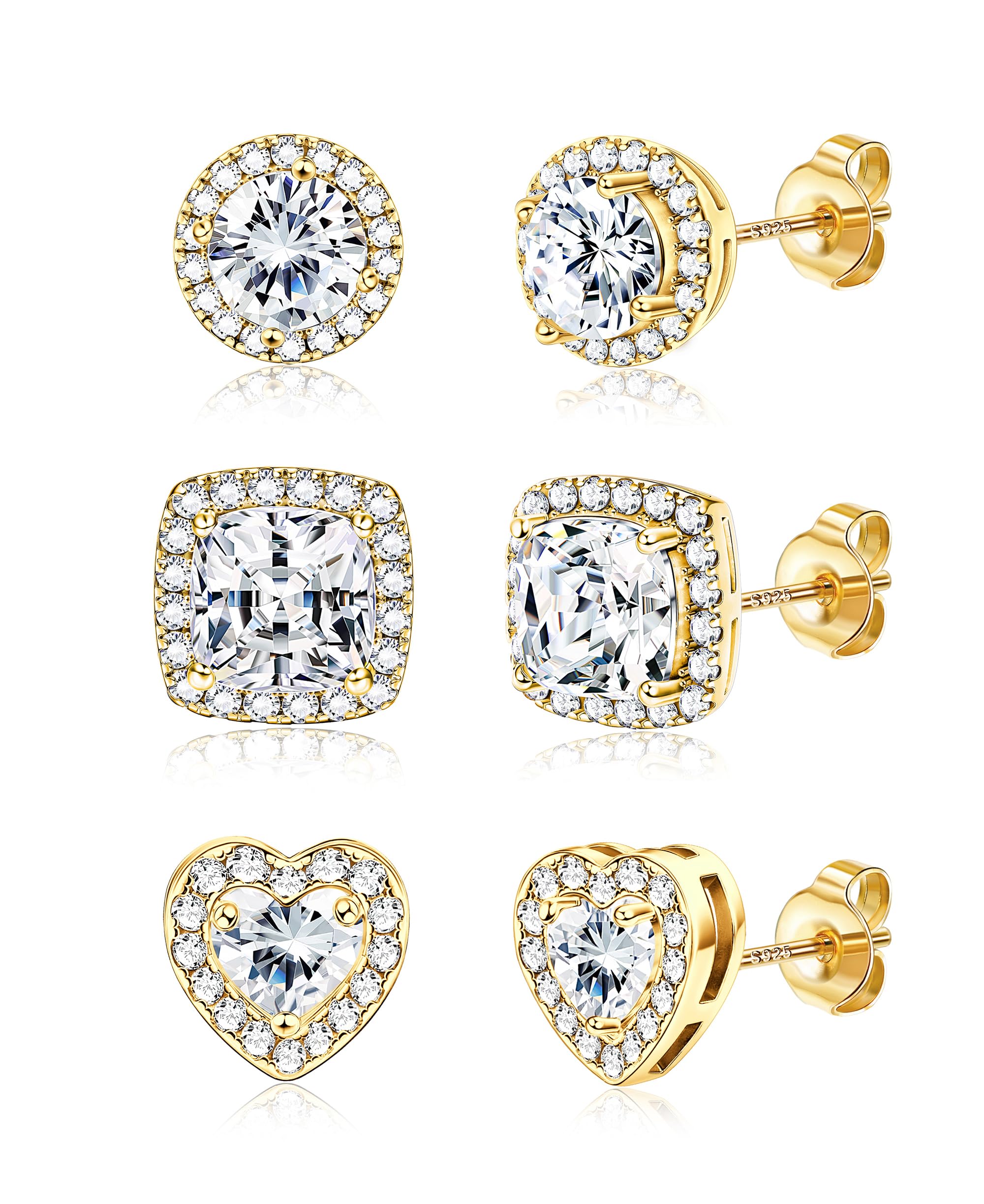 JeweBella Pendientes Mujer Plata de Ley 925 Chapada en Oro de 18K Pendientes Circonita Juego de Pendientes Corazón Cuadrados Redondos Billantes Grandes Simulado Diamantes Pendientes Plata/Oro