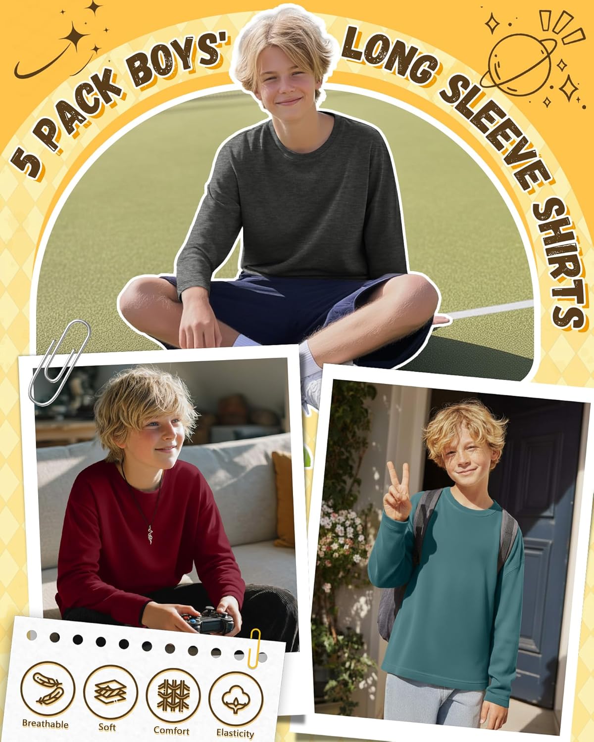 5 Pack Boys' Long Sleeve Shirts 3-16 Years Crew Neck Kids T-Shirts Teen Baggy Casual Layer Solid Tops - Image 4