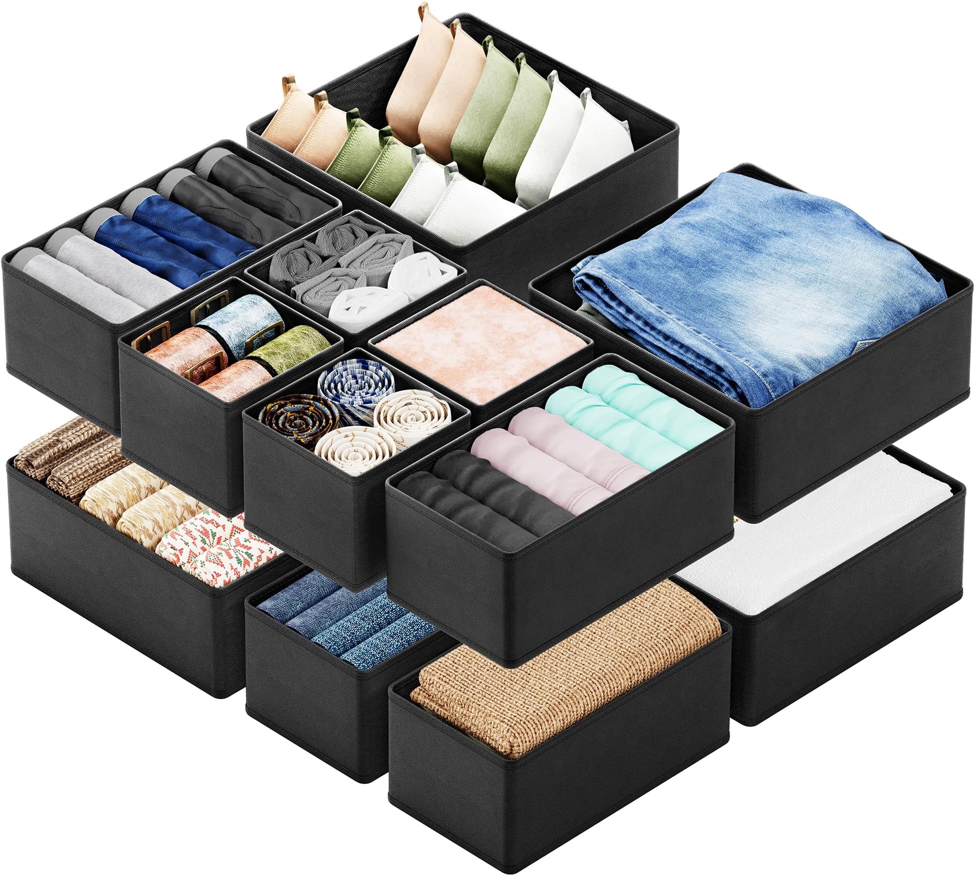 Drawer Organizer for Clothes, 12 Pack Dresser Drawer Organizer Bins, Closet Organizers and Storage Dividers for Clothing, Underwears, Socks (Black)