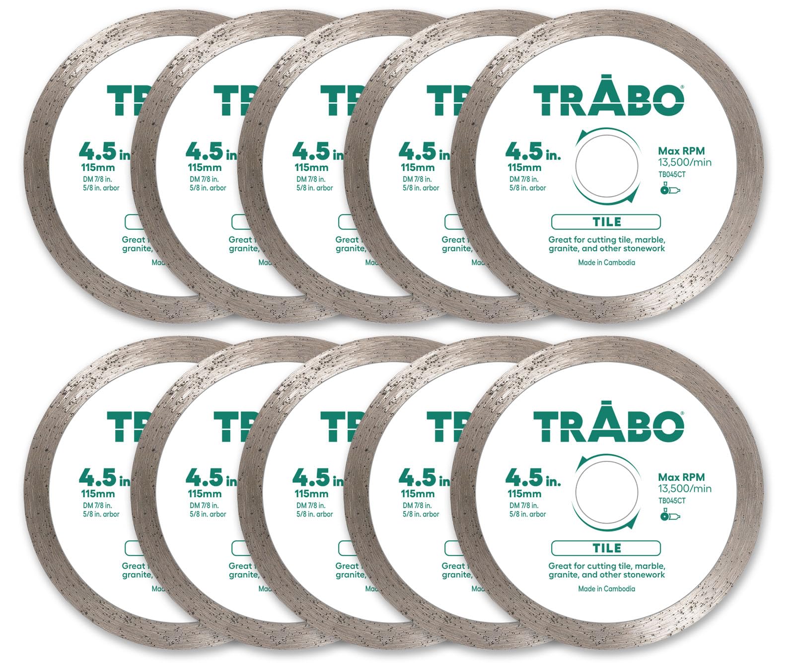 Trabo Paquete de 10 cuchillas de unión de metal de diamante con borde turbo de 4.5 pulgadas para cortar cemento, adoquines, hormigón con barra de refuerzo, piedra natural y más, con eje de 7/8