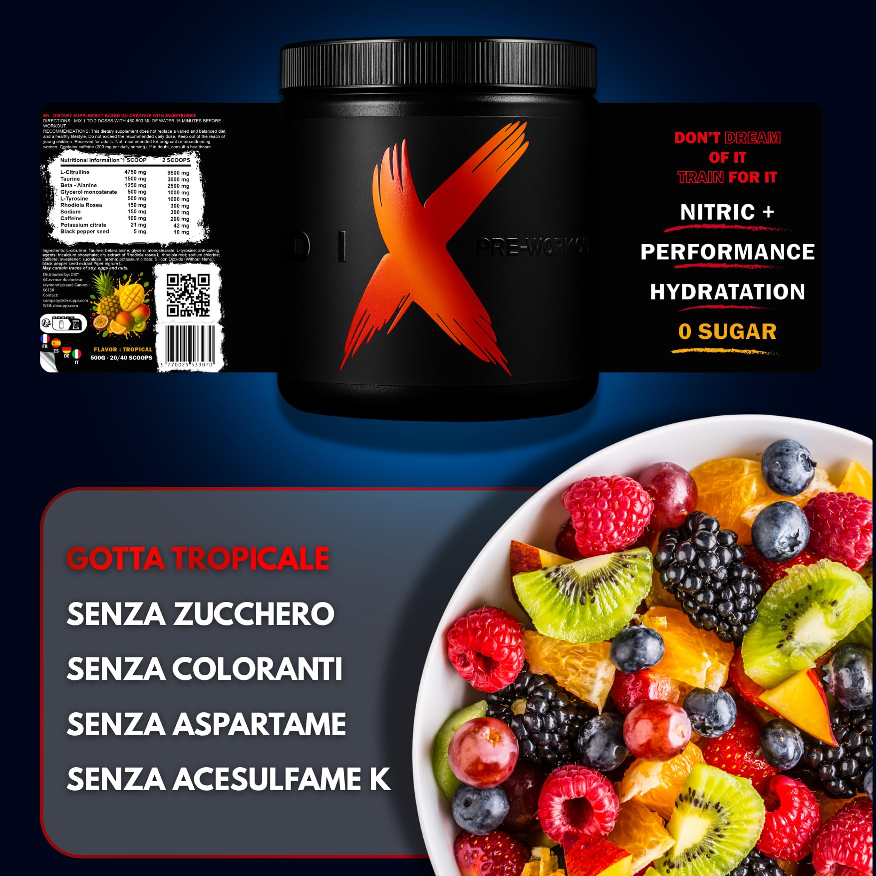 PRE-WORKOUT pro | Energia | Pump | Focus | Elettrolita | L-citrullina | Beta-alanina | L-tirosina | Rhodiala Rosea | acido mallico (TROPICAL)