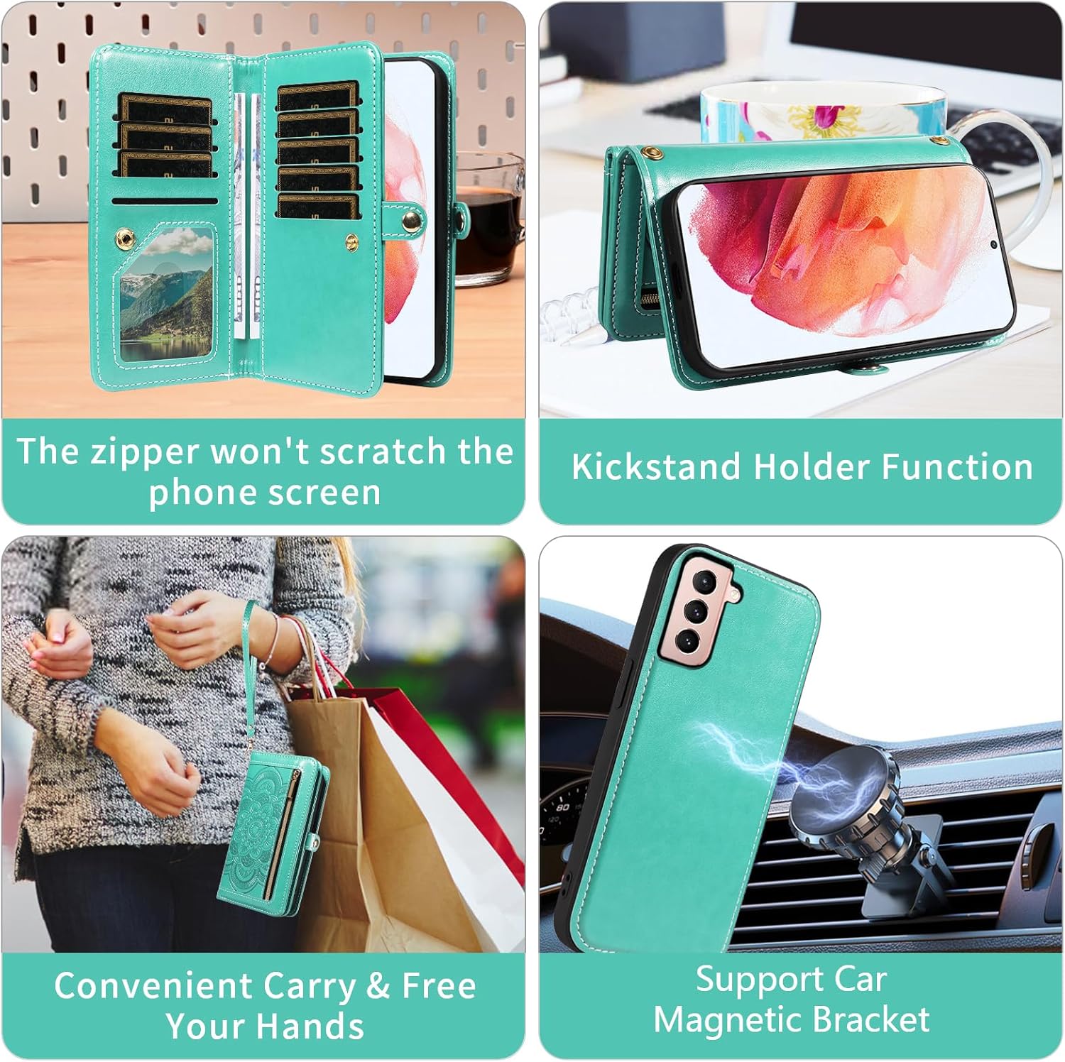 Asuwish Phone Case for Samsung Galaxy S21 5G 6.2 inch Zipper Wallet Detachable Cell Cover with Tempered Glass Screen Protector Wrist Strap Mandala Flower Credit Card Holder S 21 21S G5 Women Men Green