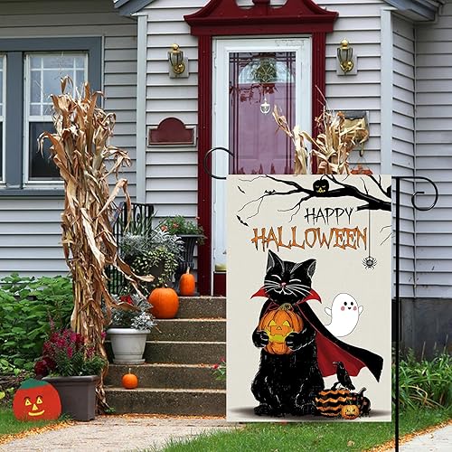 Miniatura 5 de Bandera de jardín de Halloween BOO de 12 x 18 pulgadas, decoración de arpillera vertical de doble cara, fantasma, calabazas, gato, impresa,