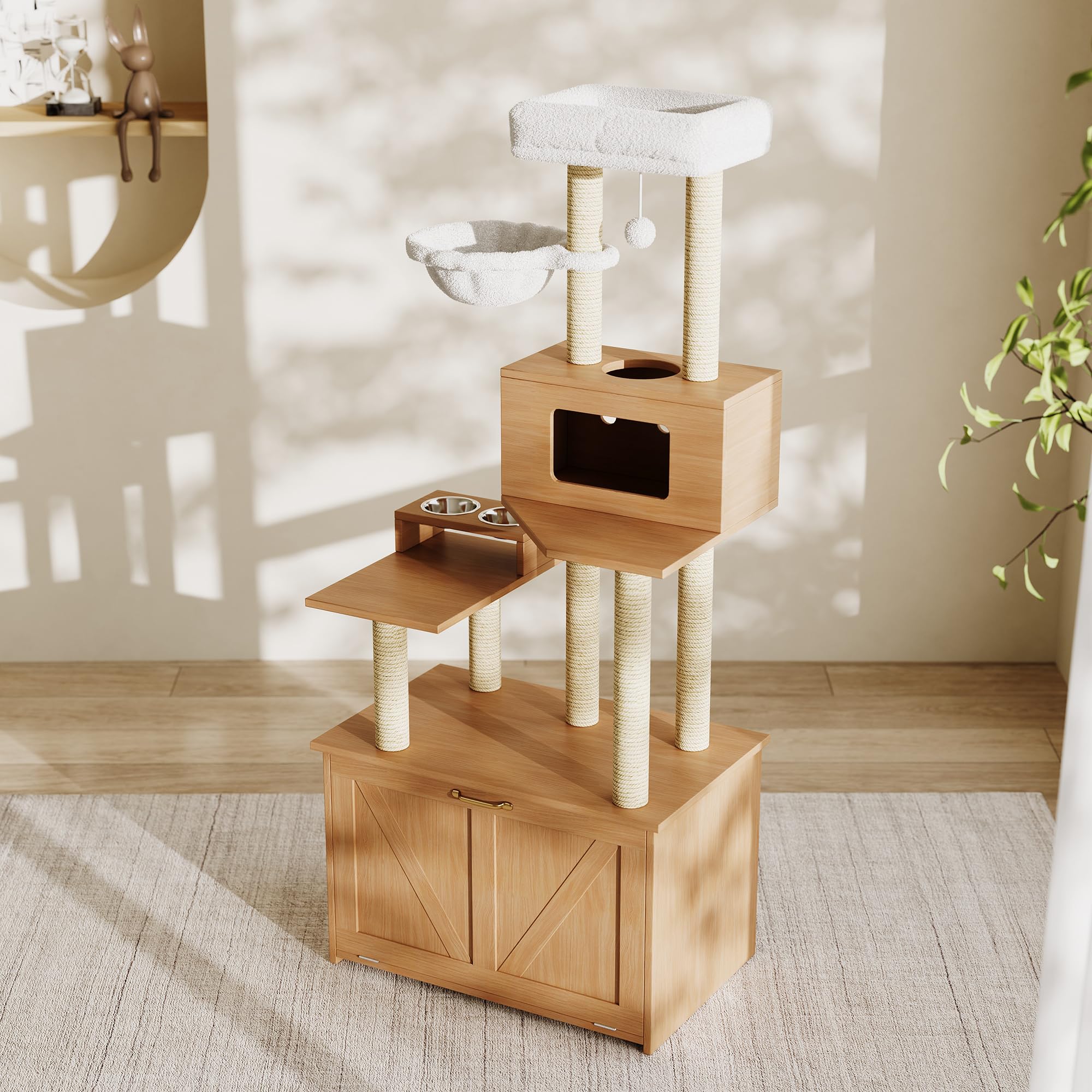 Tiragraffi alto 173 cm, cuccia per gatti con grande piattaforma, mangiatoia, 1 amaca e armadietto per gatti (senza lettiera), albero tiragraffi per gatti grandi e gattini, legno naturale