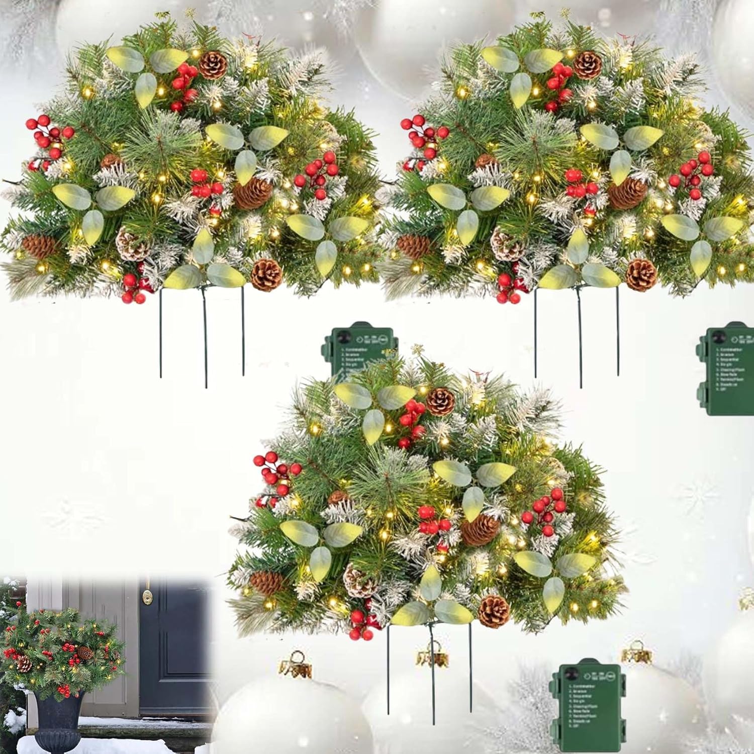 Prelit Artificial Christmas Tree Urn Fille,Christmas Pot Fillers Outdoor Front Porch,Prelit Pot Fillers,Faux Holiday Planters with Lights,Stand (1PCS)