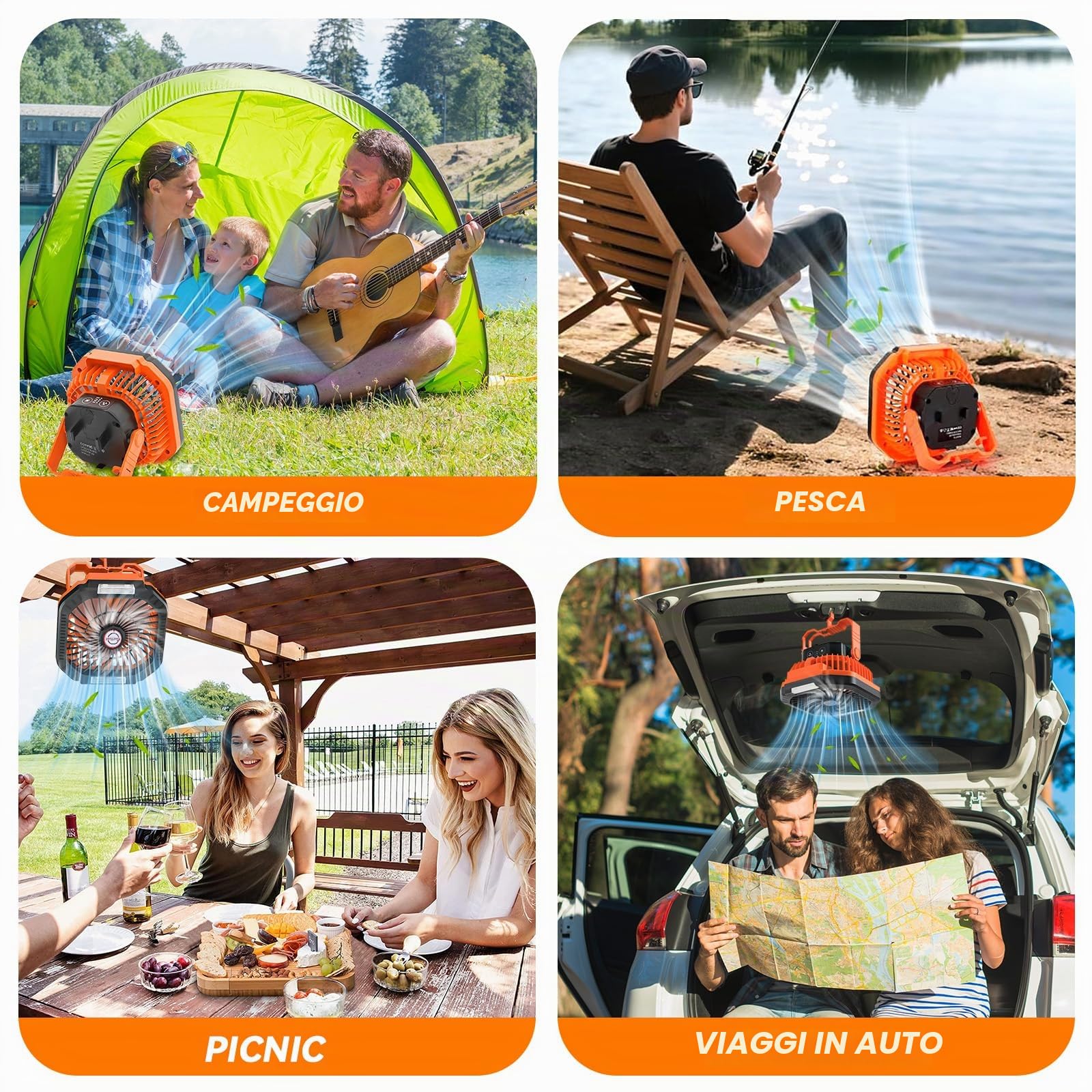 Ventilatore da campeggio, ventilatore da tavolo USB con batteria, luce, gancio, cinturino in paracord, 4 velocità, 3 regolazioni temporizzate, adatto per camera, campeggio, viaggio