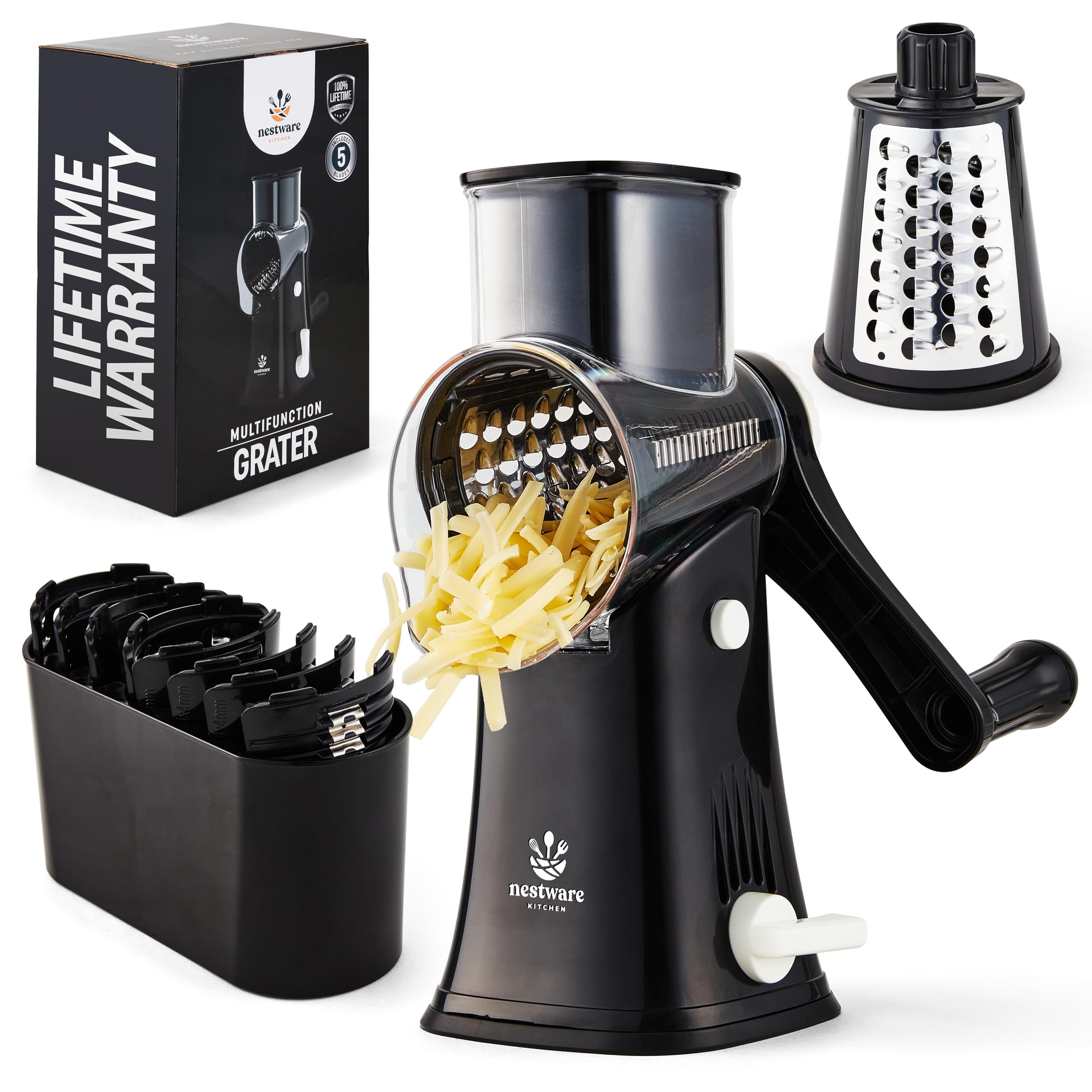 Rallador giratorio de queso de 5 cuchillas, succión reforzada y 5 tambores intercambiables, fácil de usar, picador de verduras, negro