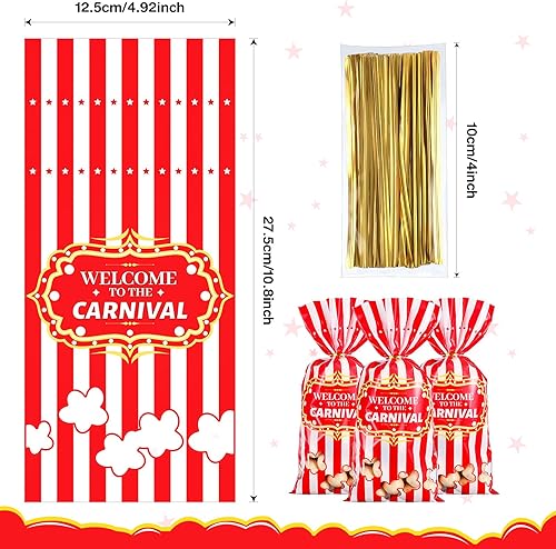 Miniatura 2 de Bolsas de dulces de carnaval, bolsas de plástico de circo, bolsas de regalo para fiesta de carnaval, bolsas de fiesta con patrón de palomitas de