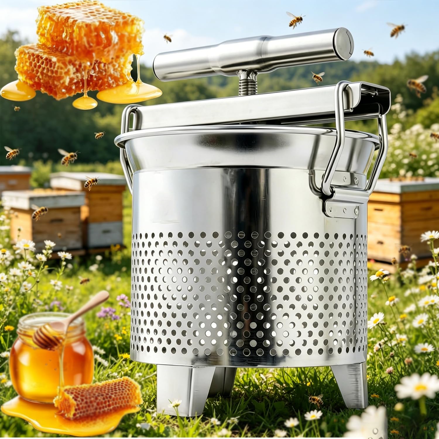 YXZQLOZ Manual honey extractor, 1.8L stainless steel press, conical opening, for vegetable, yogurt, oil separation, and beeswax extraction.